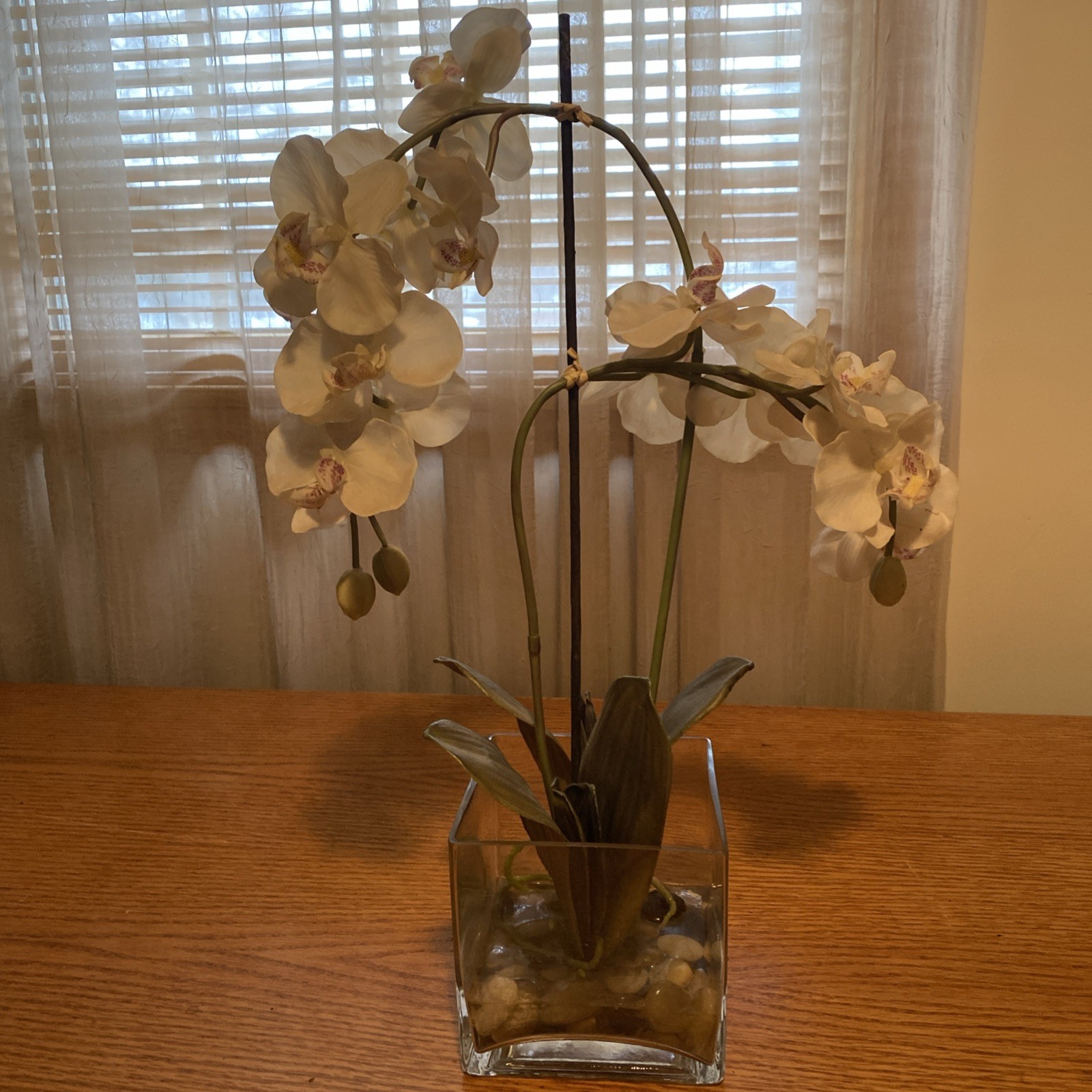 Artificial Orchids for Home Decor Indoor Clear Glass Vase With Added Rocks
