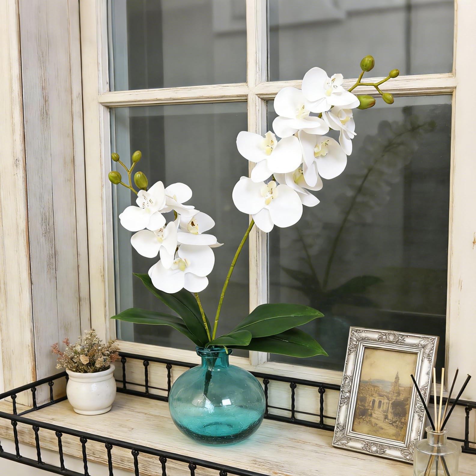 Artificial Phalaenopsis Flowers White Fake Orchid Leaves Branches Decor