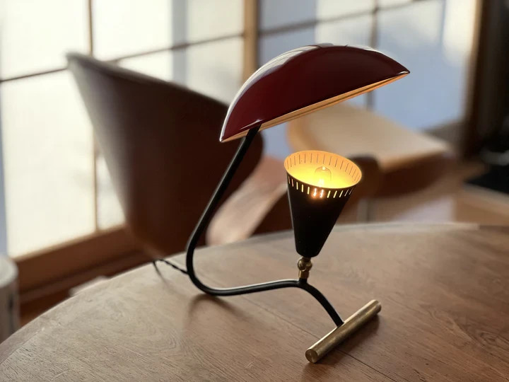 Mid-Century Modern Table Lamp – Red Dome Shade | Italian Style 1950s Des