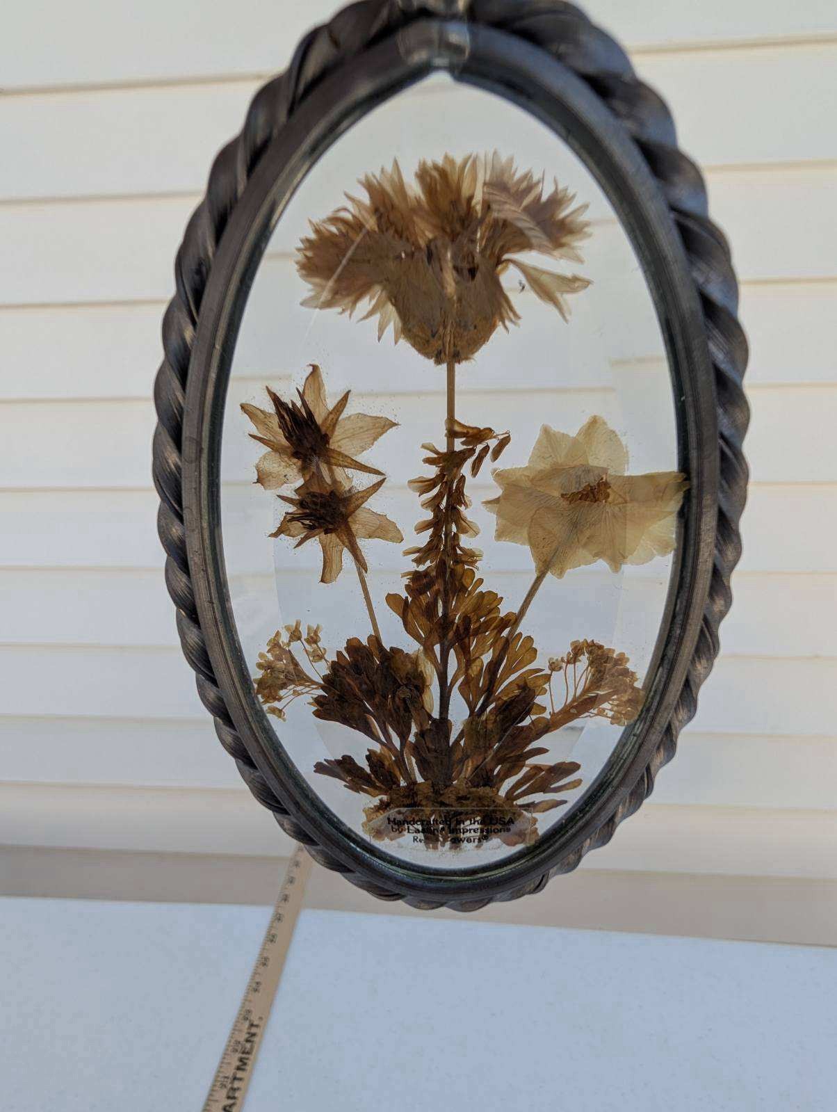 Vintage Lasting Impressions Real Dried Pressed Flowers In Glass W/ Metal Frame