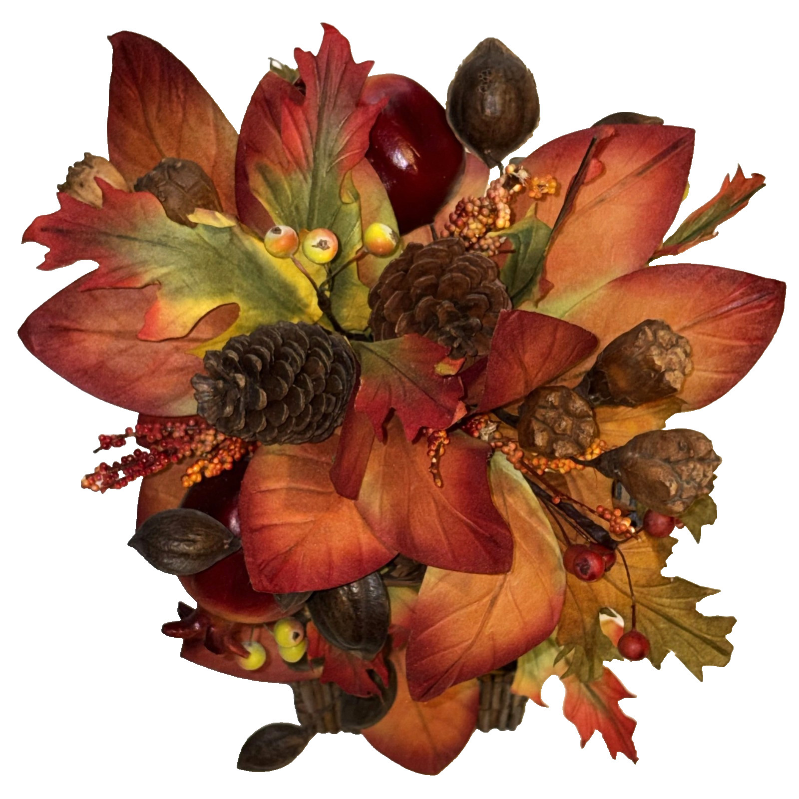 Fall Topiary Tree 20″ Orange Brown Faux Floral Decor Autumn Leaves Fruit Ribbons