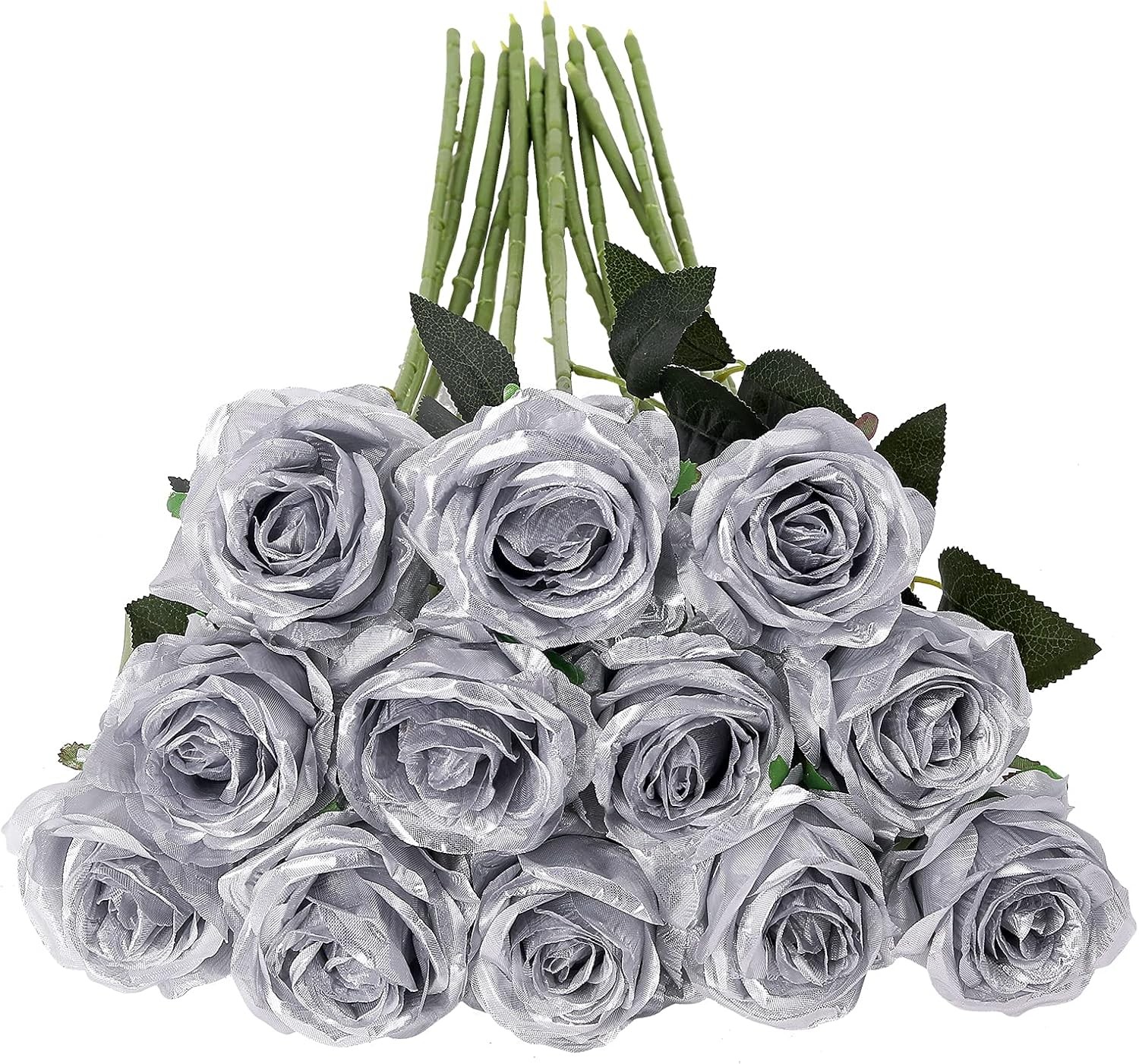 12 Pcs White Roses Long Stem, Artificial Silk Bouquet Wedding DIY