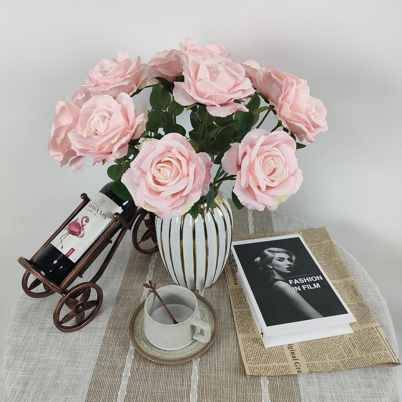 12 Pcs Light Pink Roses Artificial Flowers, Faux Baby Pink Flowers Bulk,Flora…