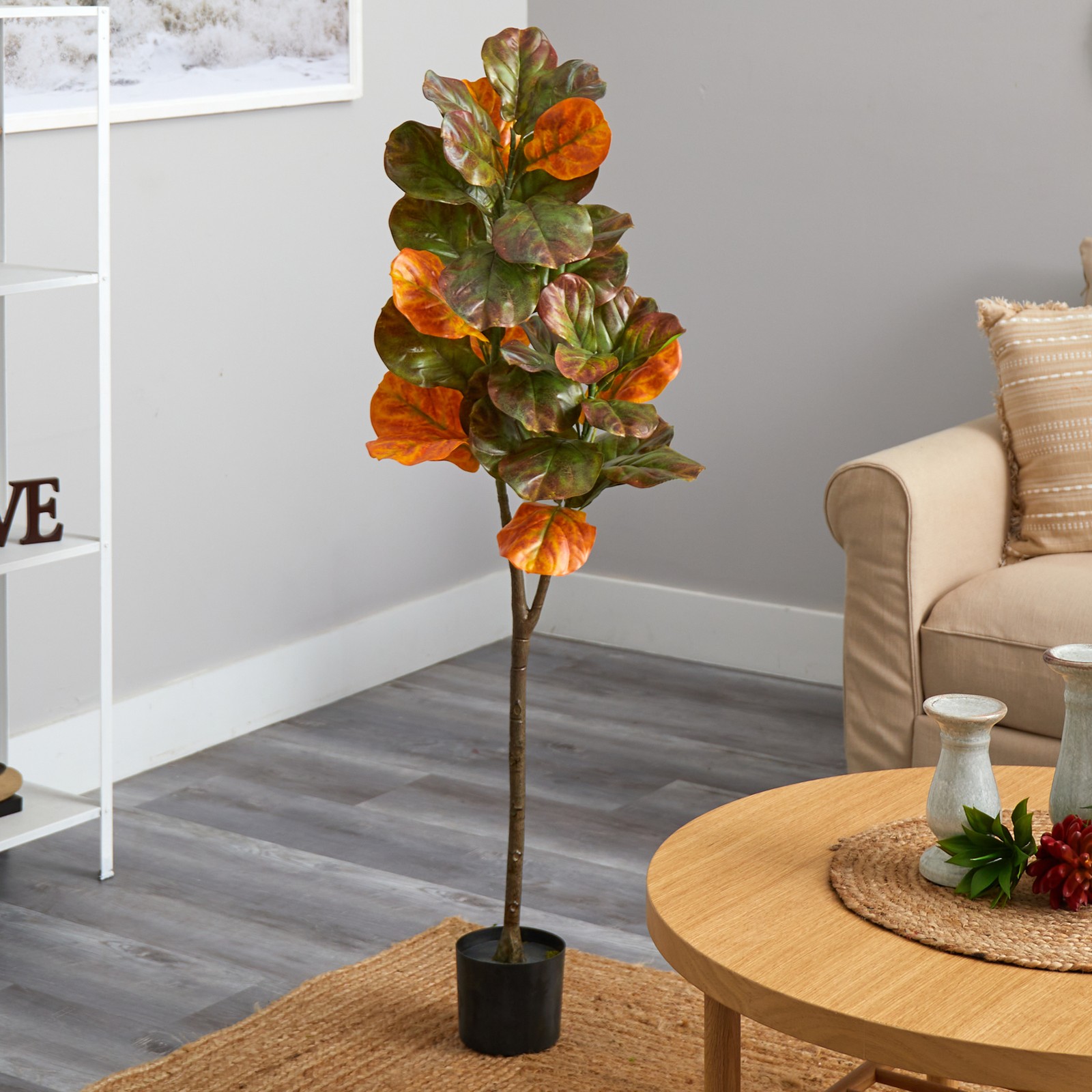 Nearly Natural 4.5ft Autumn Fiddle Leaf Artificial Fall Tree in Brown