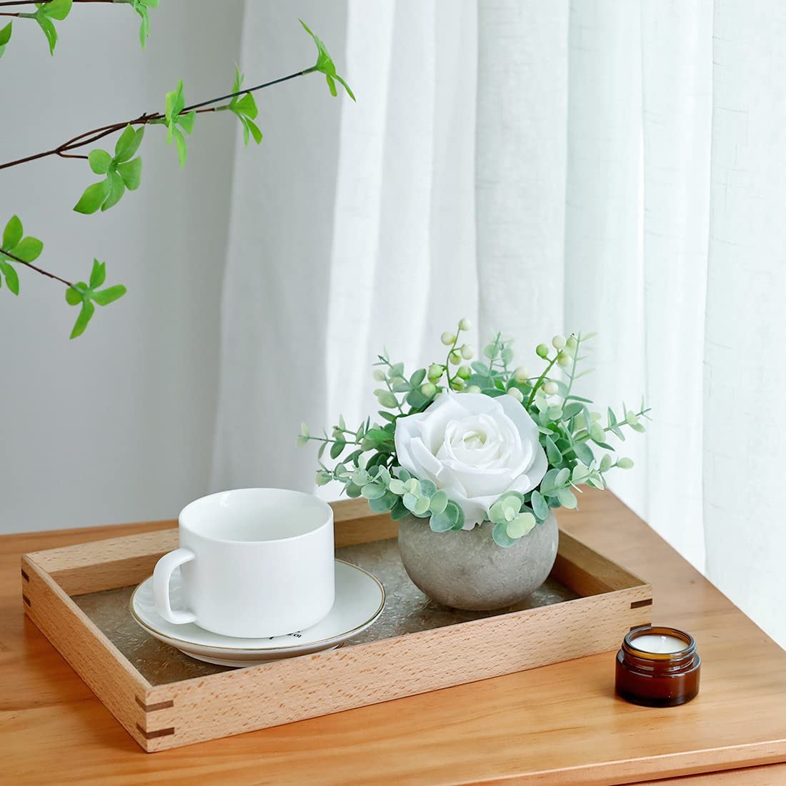 Small Artificial White Rose Potted Plant 6 Inch Fake Silk Flower 3.5 Inch Pot