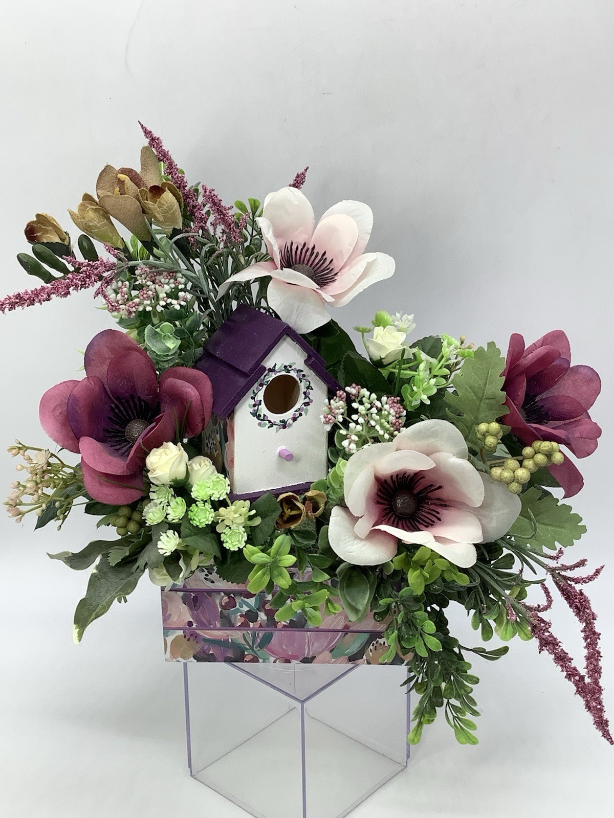 Handmade Purple Floral Arrangement With Hand painted Wood Birdhouse