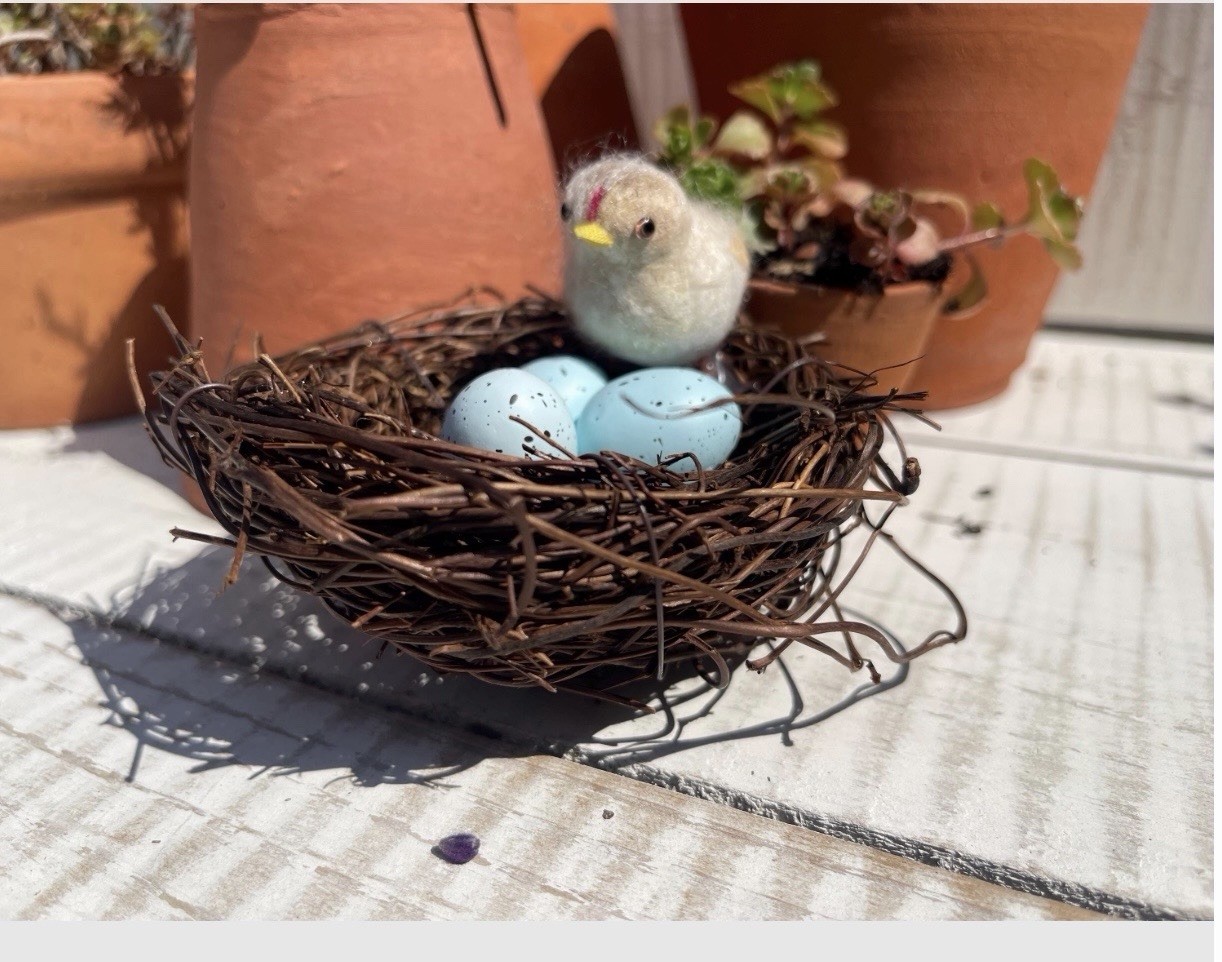Man made Farmhouse BIRD NEST W 3 Plastic Eggs & Fuzzy Chick