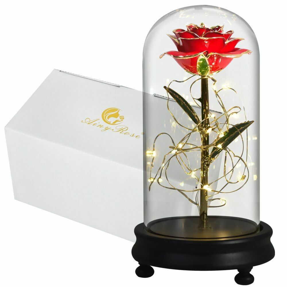 Gold Dipped Rose Flower In Glass Birthday Wedding Valentine Mothers Gift Womens