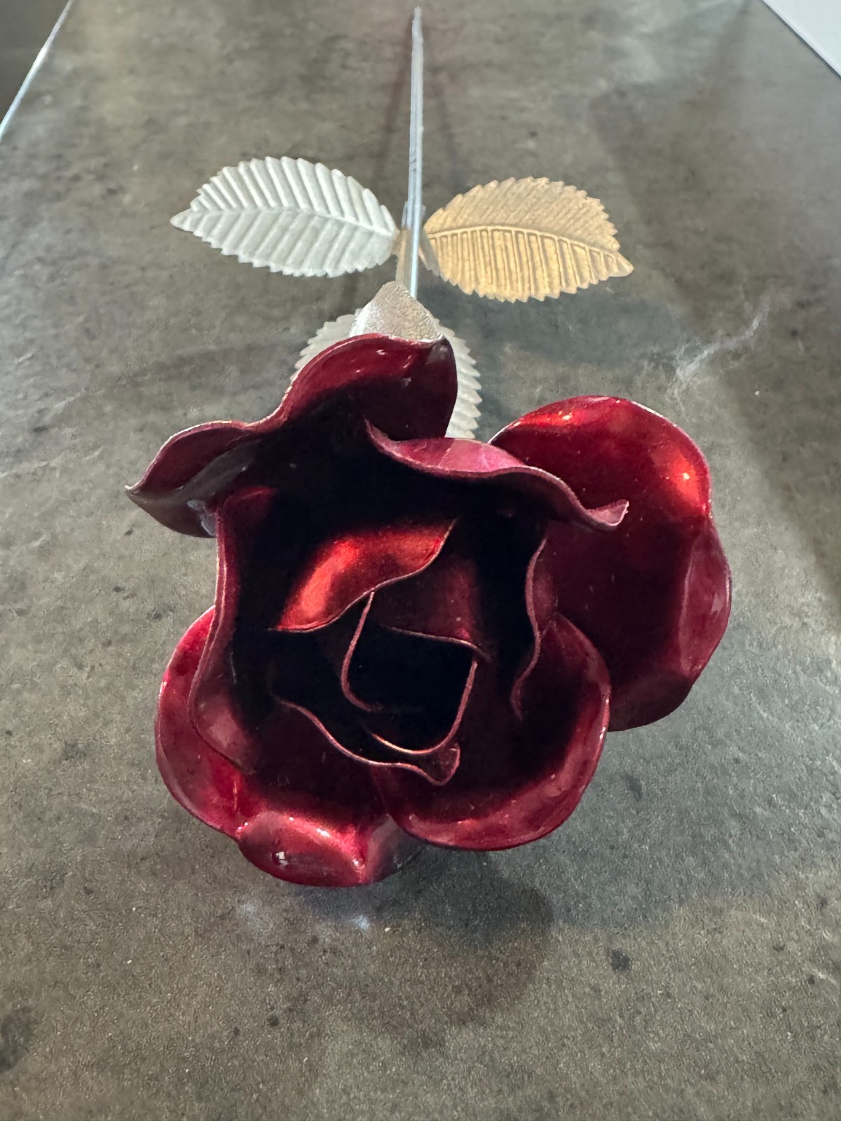 Vintage Metal Rose Sculpture Red Enamel Flower Long Stem Décor Gift