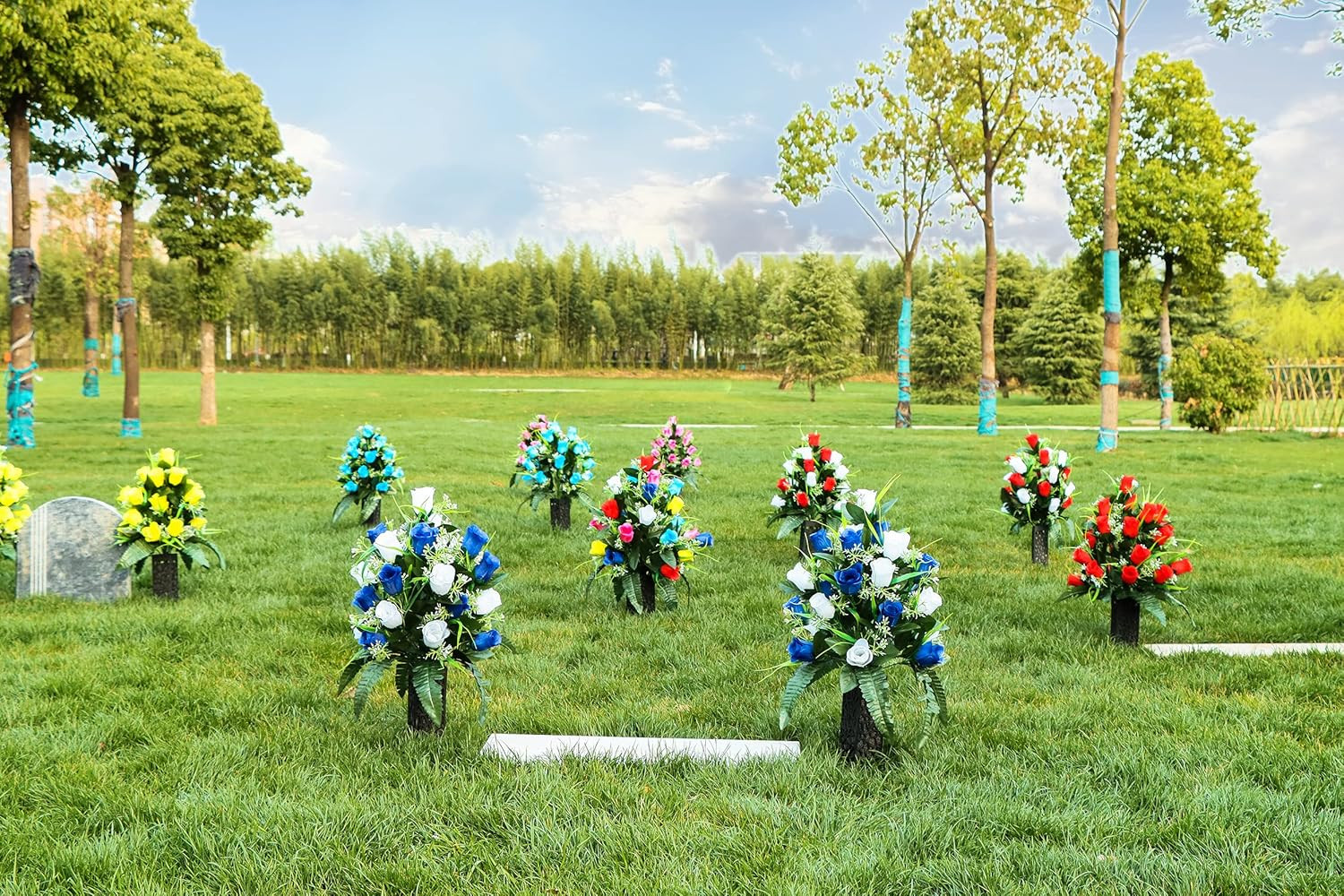 Elegant Artificial Cemetery Flowers with Vase – Lasting White & Dark Blue Bouque