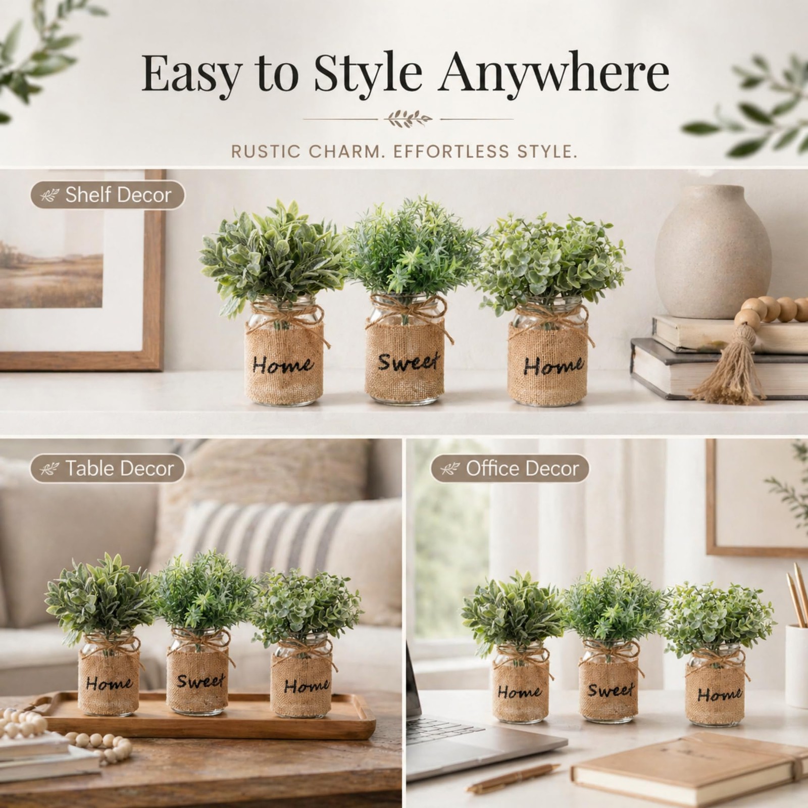 3 Pcs Spring Mason Jar Table Centerpiece Decor Small Fake Plants Farmhouse Ru…