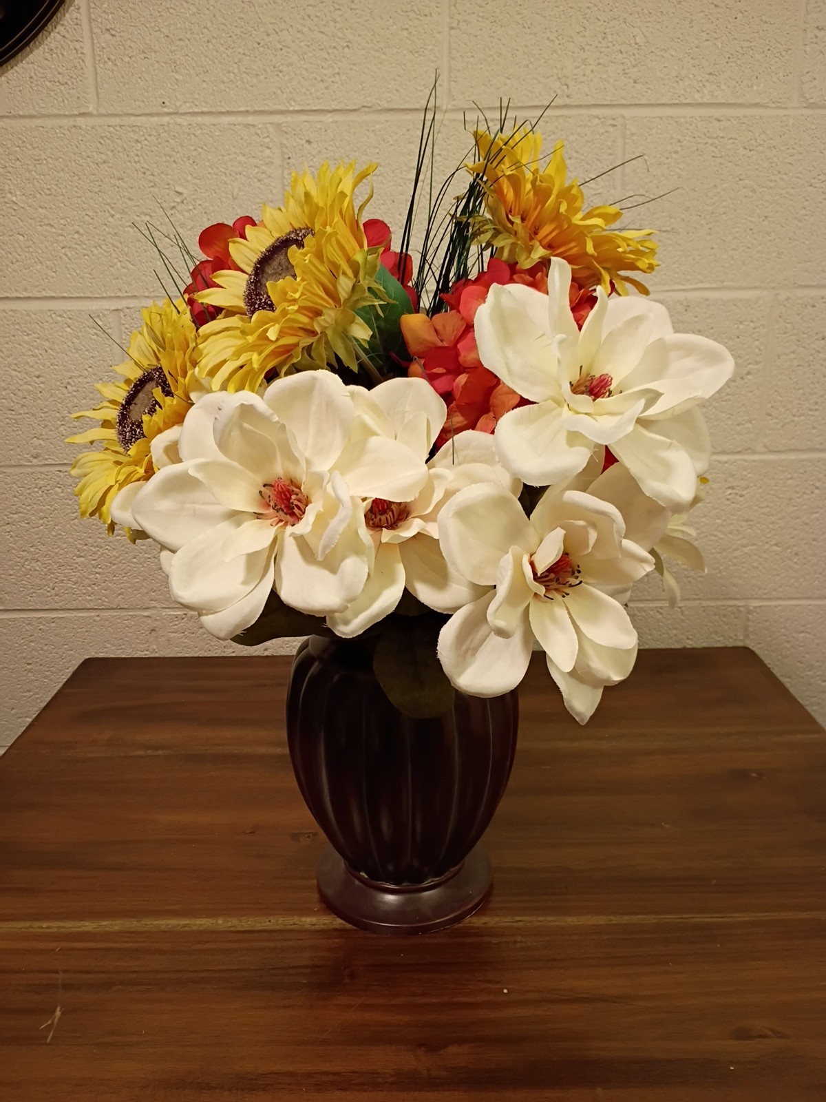 Bouquet of Large Silk Flowers In Bronze Vase