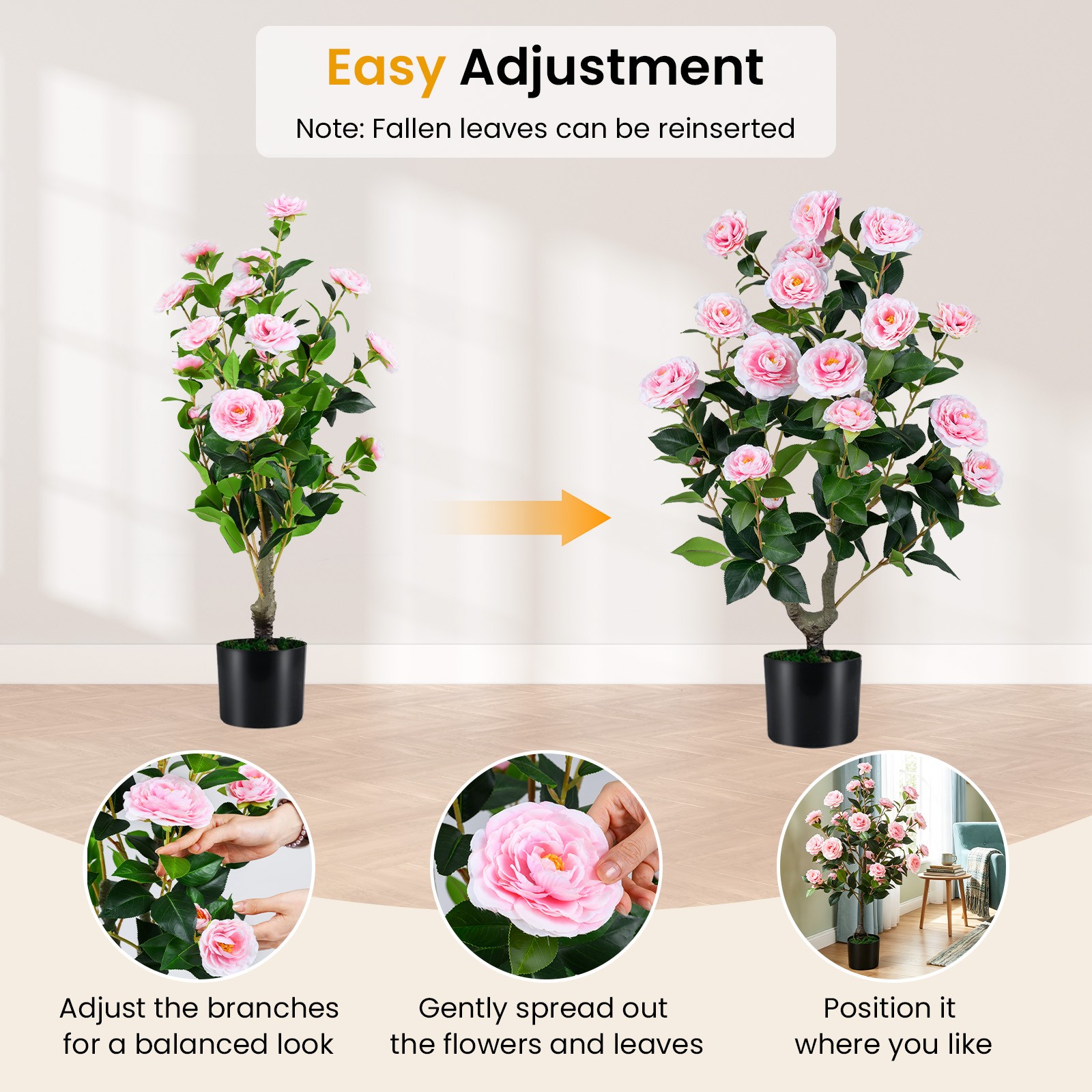 Artificial Camellia Tree, Faux Flower Plant in Cement-Filled Pot, Indoor Outdoor