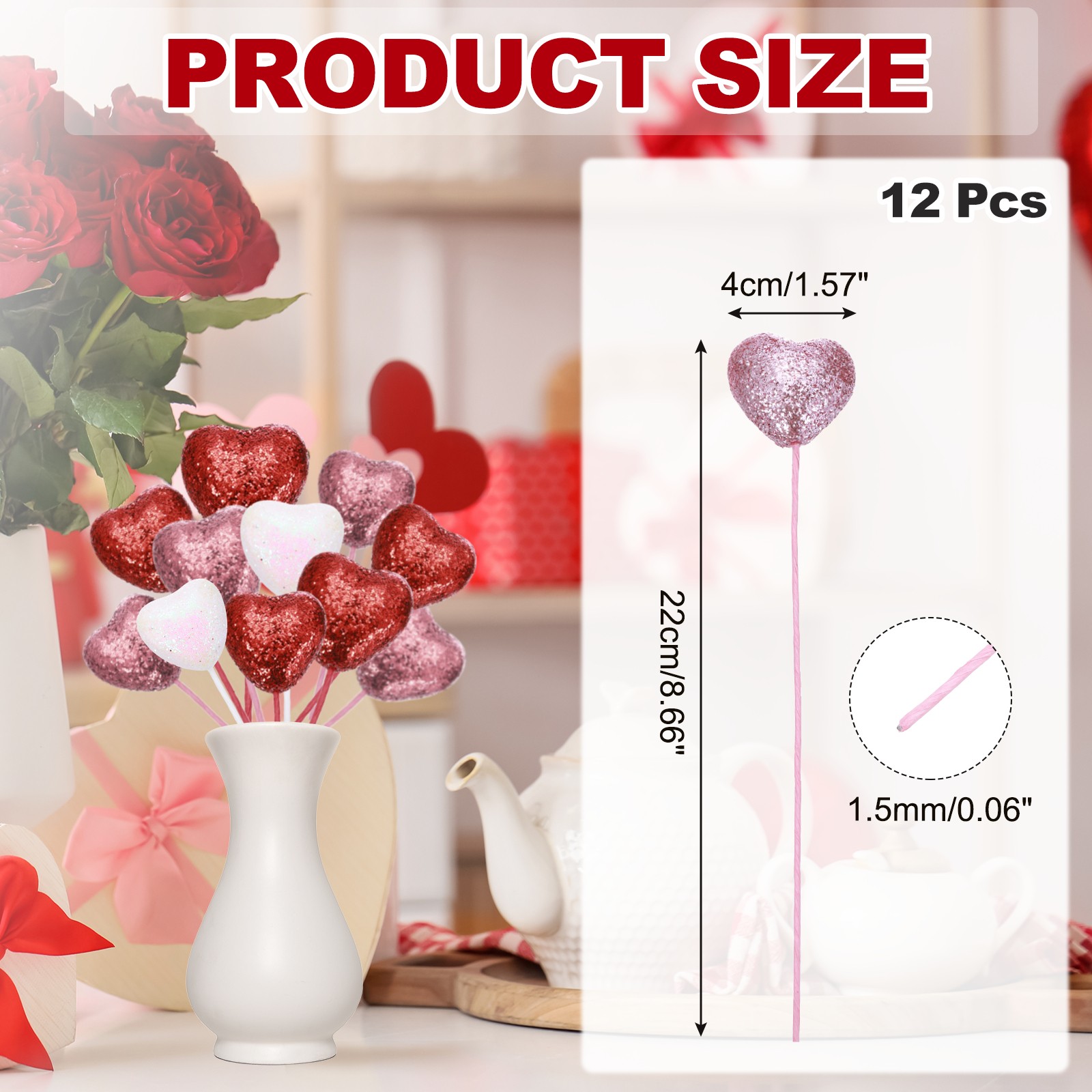 12 Pcs Glitter Heart Shaped Picks Puffy Foam Hearts Stick (Pink, 4cm x 22cm)