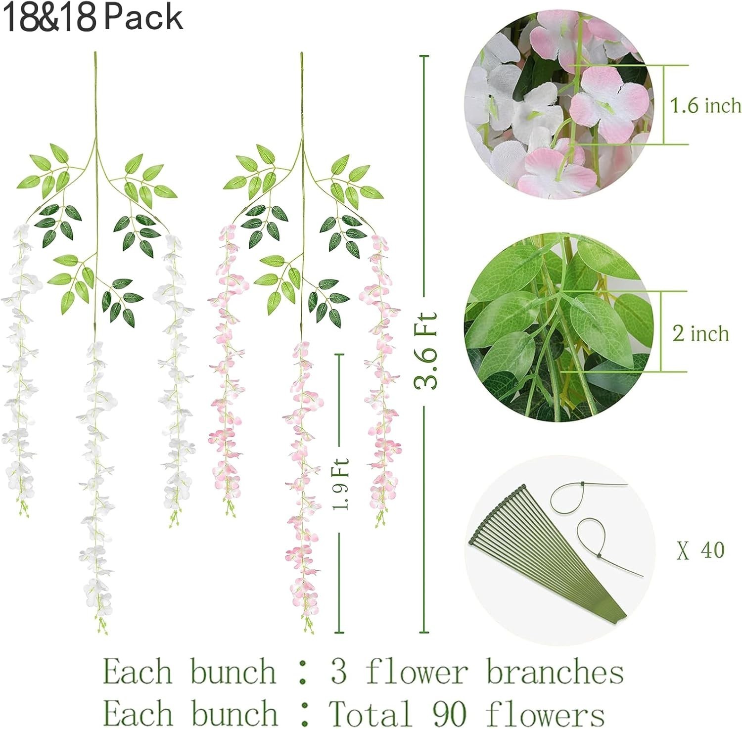 36Pcs White & Pink Fake Wisteria Hanging Flowers, 3.6Ft/Pcs Artificial Wisteria