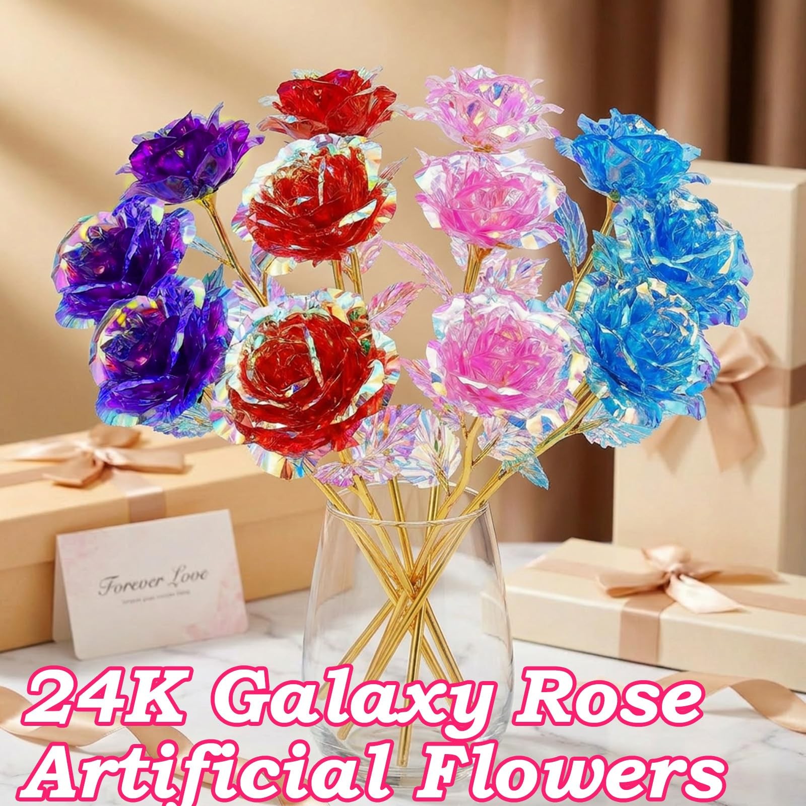 Wowagoga 12 Pcs 24K Galaxy Rose Artificial Flowers, 4 Colors 9 x 3 inches, 1