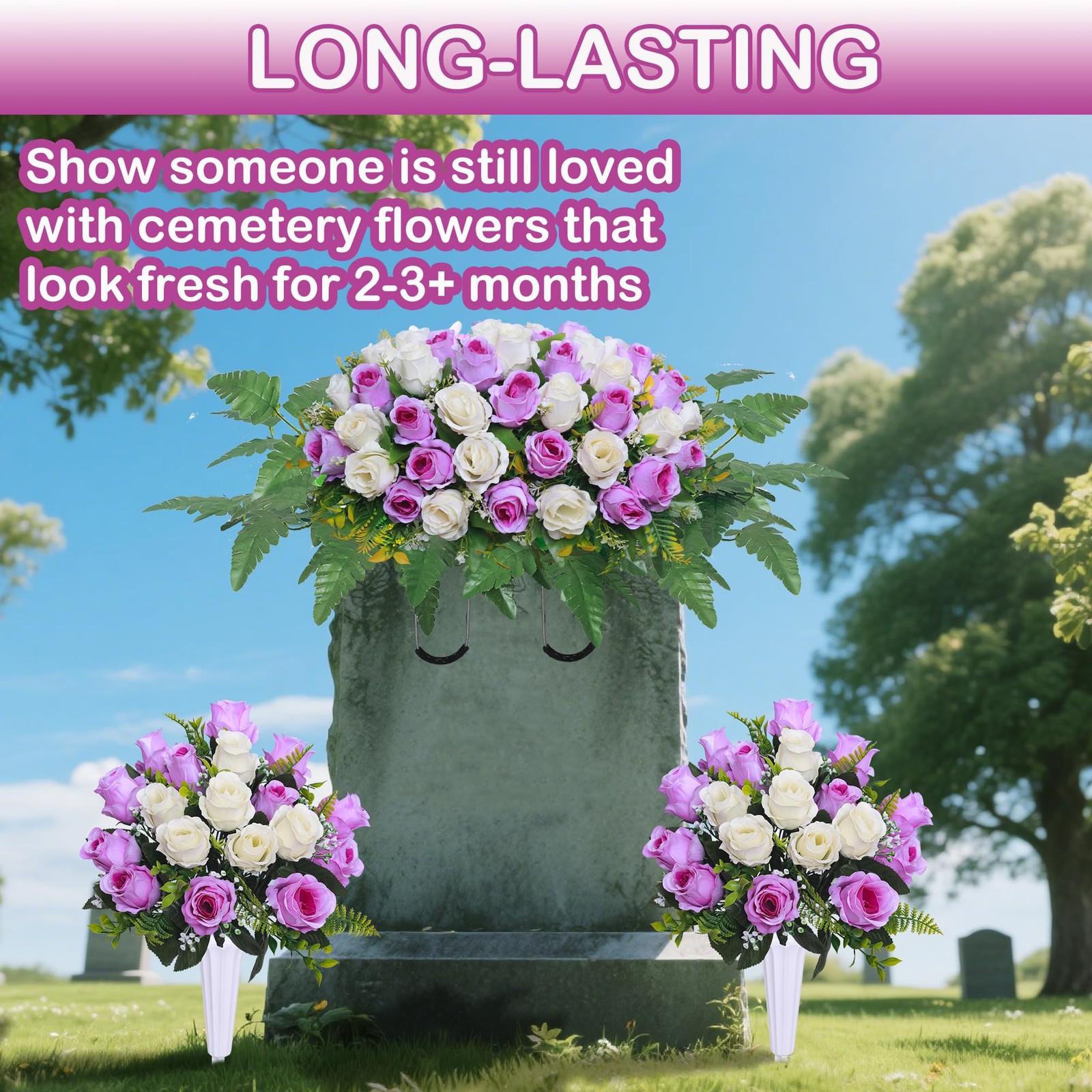 Lodou 3 Pcs Artificial Cemetery Flower Saddles, Rose Headstone Flower Saddle,…