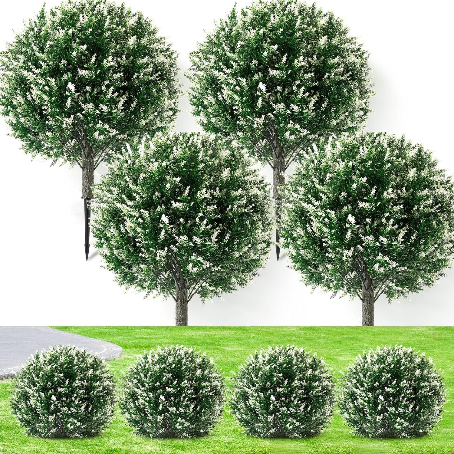 Set of 4 UV Resistant 24″ Lavender & White Faux Topiary Ball Trees for Outdoor D