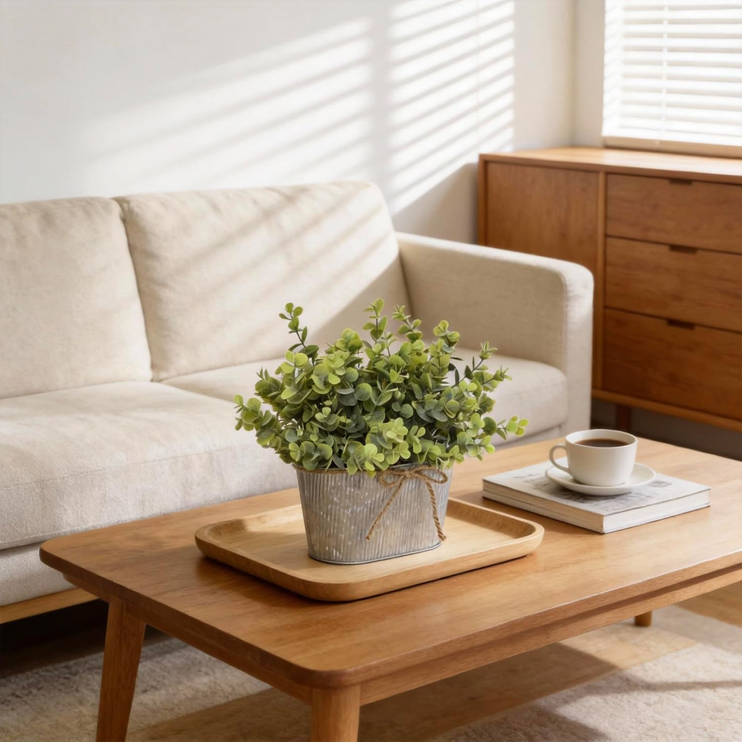 Artificial Eucalyptus Leaves Faux Plants Table Centerpiece, Rustic Potted Plants