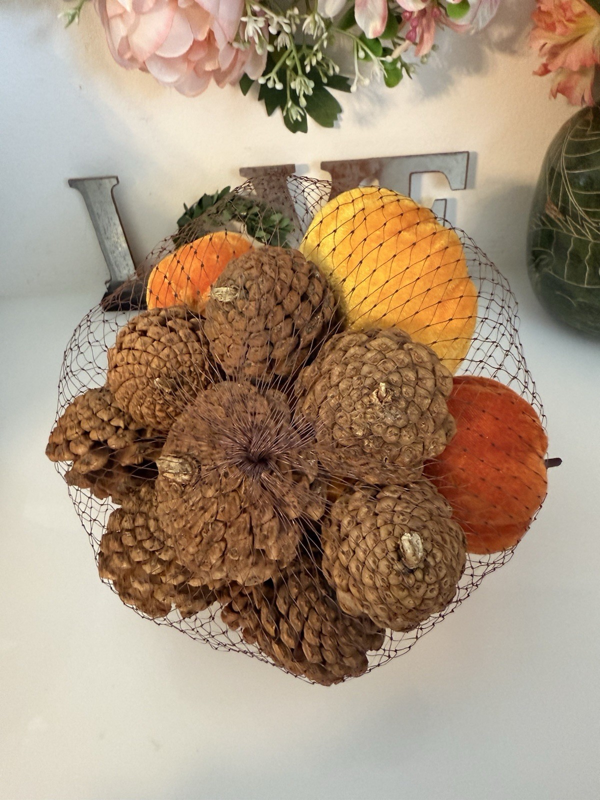 Fall 16 Pcs Velvet Pumpkin and Pinecones Net Bag Decoration Set Assort Sizes New