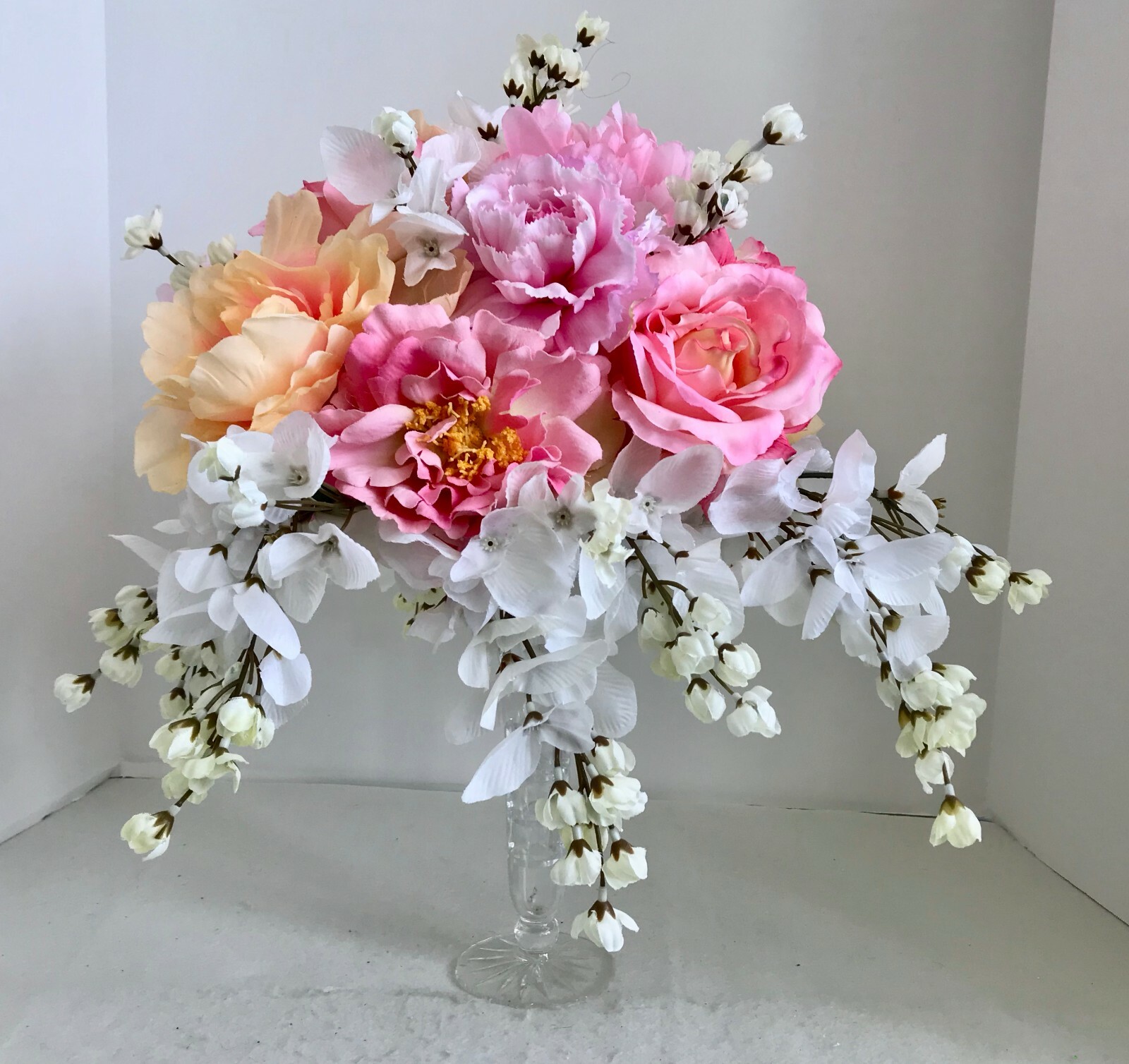 Floral Arrangement Centerpiece Multi-Colored Silk Flowers Cut Glass Vase