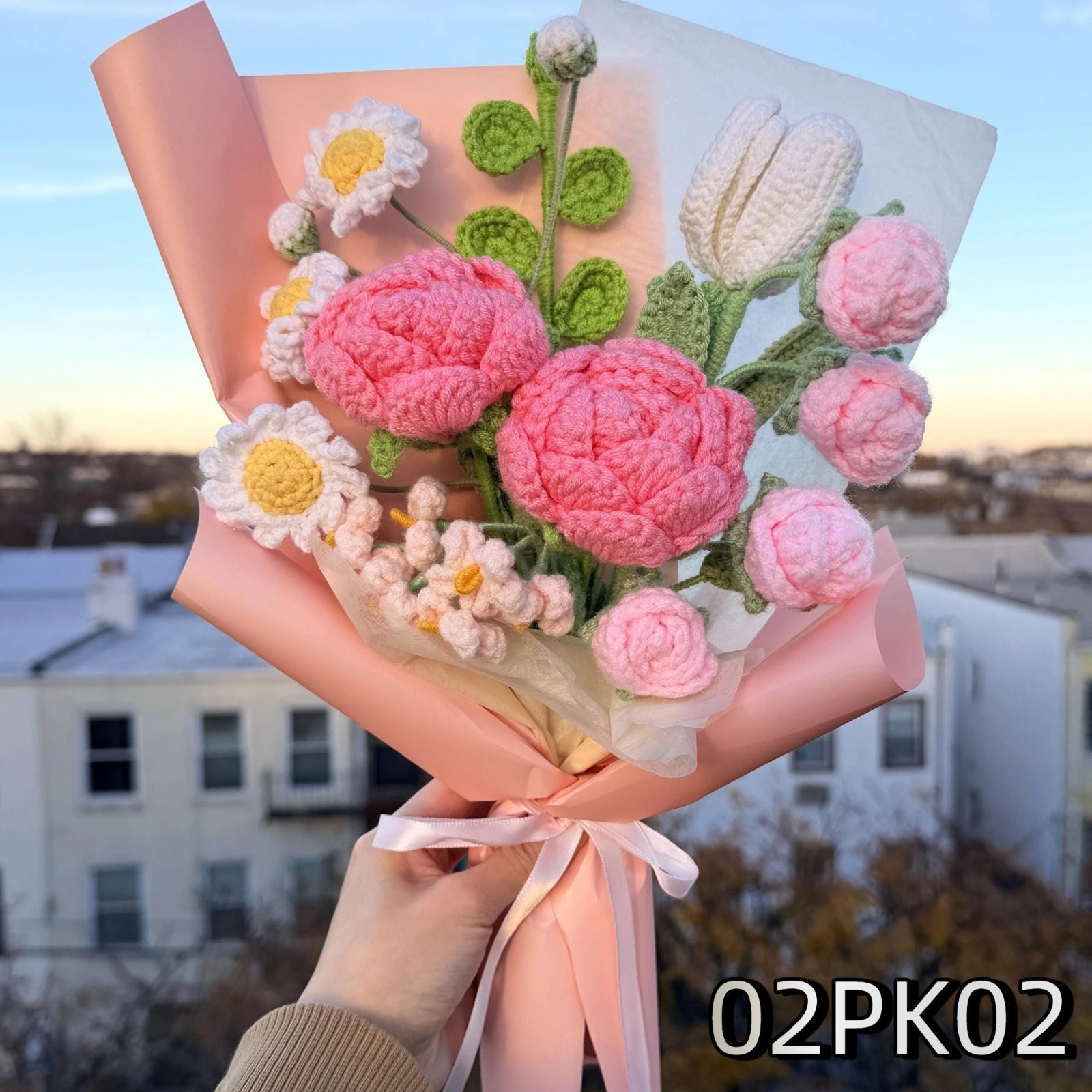 Pink Crochet Flower Bouquet Handmade Birthday Gift for Mom Keepsake Flowers