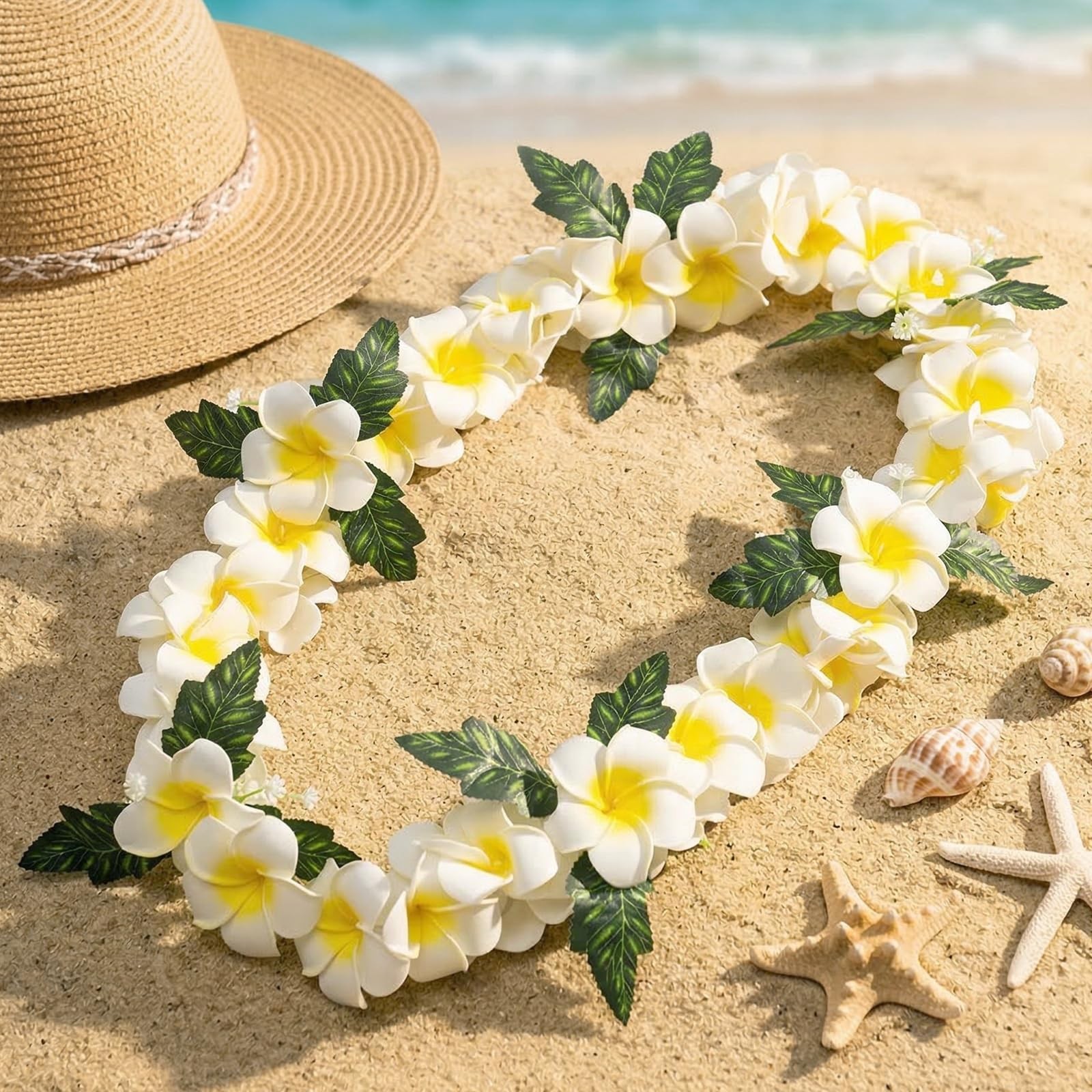 White Hawaiian Graduation Lei 48 Inch Artificial Plumeria Flower Lei Tropical…