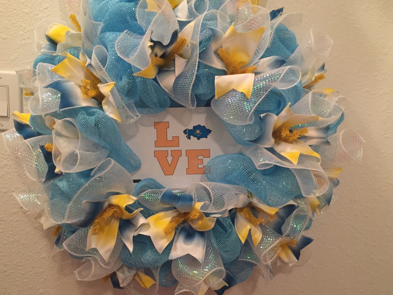 NEW Handmade Kazakhstan Wreath Kazak Russia Mesh Ribbon Blue Yellow Door WhIte
