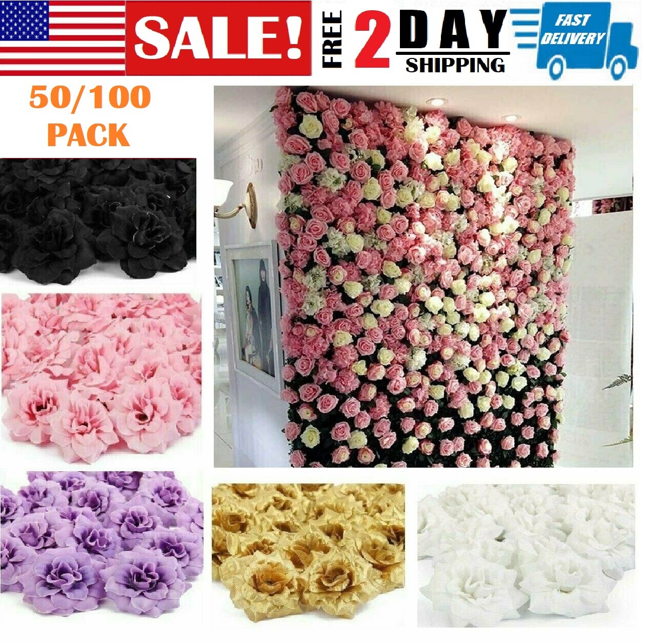 100PCS Artificial Rose Flower Heads Bulk Wedding Bouquets for DIY Crafts 1.8″ US