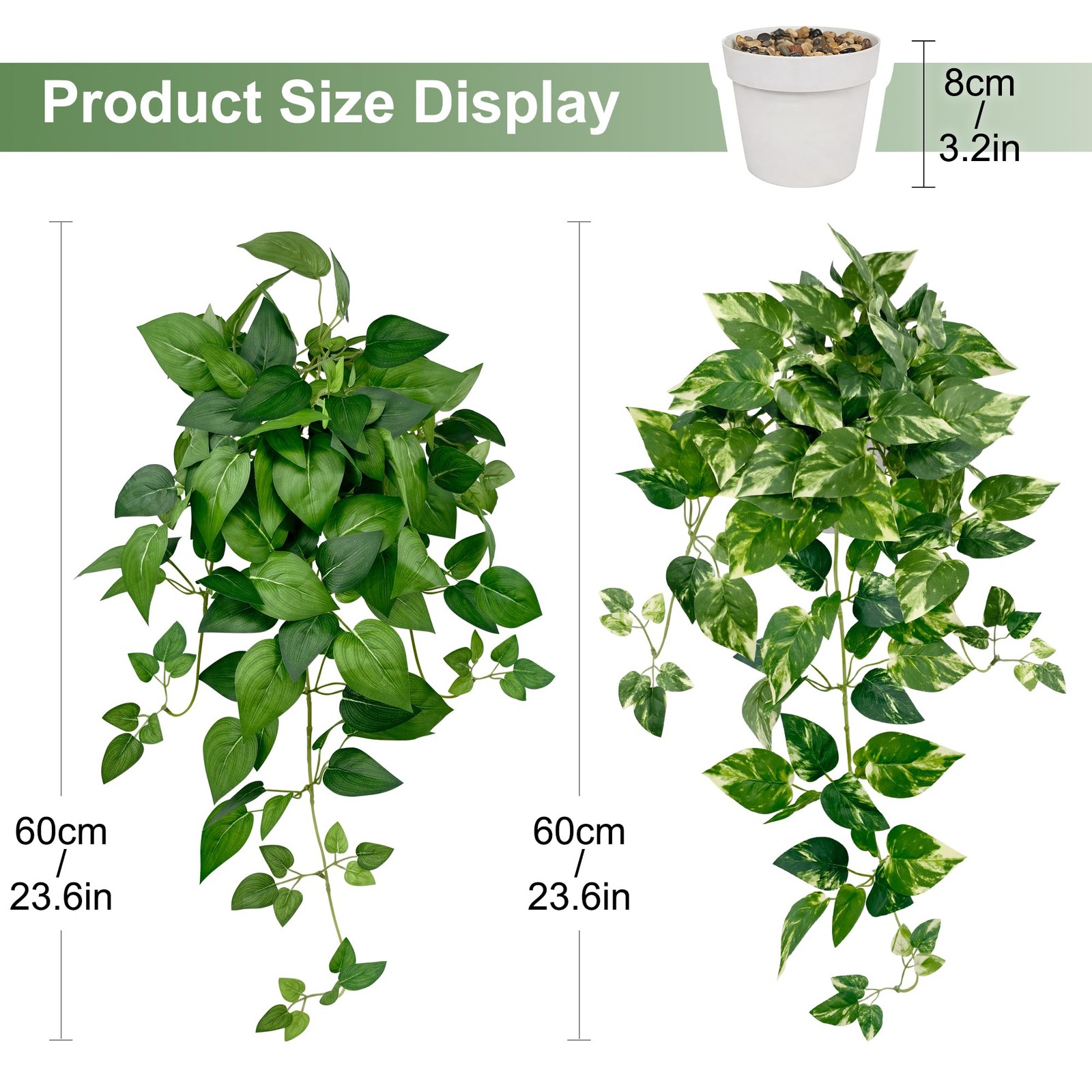 2 PCS 23.6 Inch Artificial Pothos Ivy Vine Hanging Plants Faux Greenery In Pot