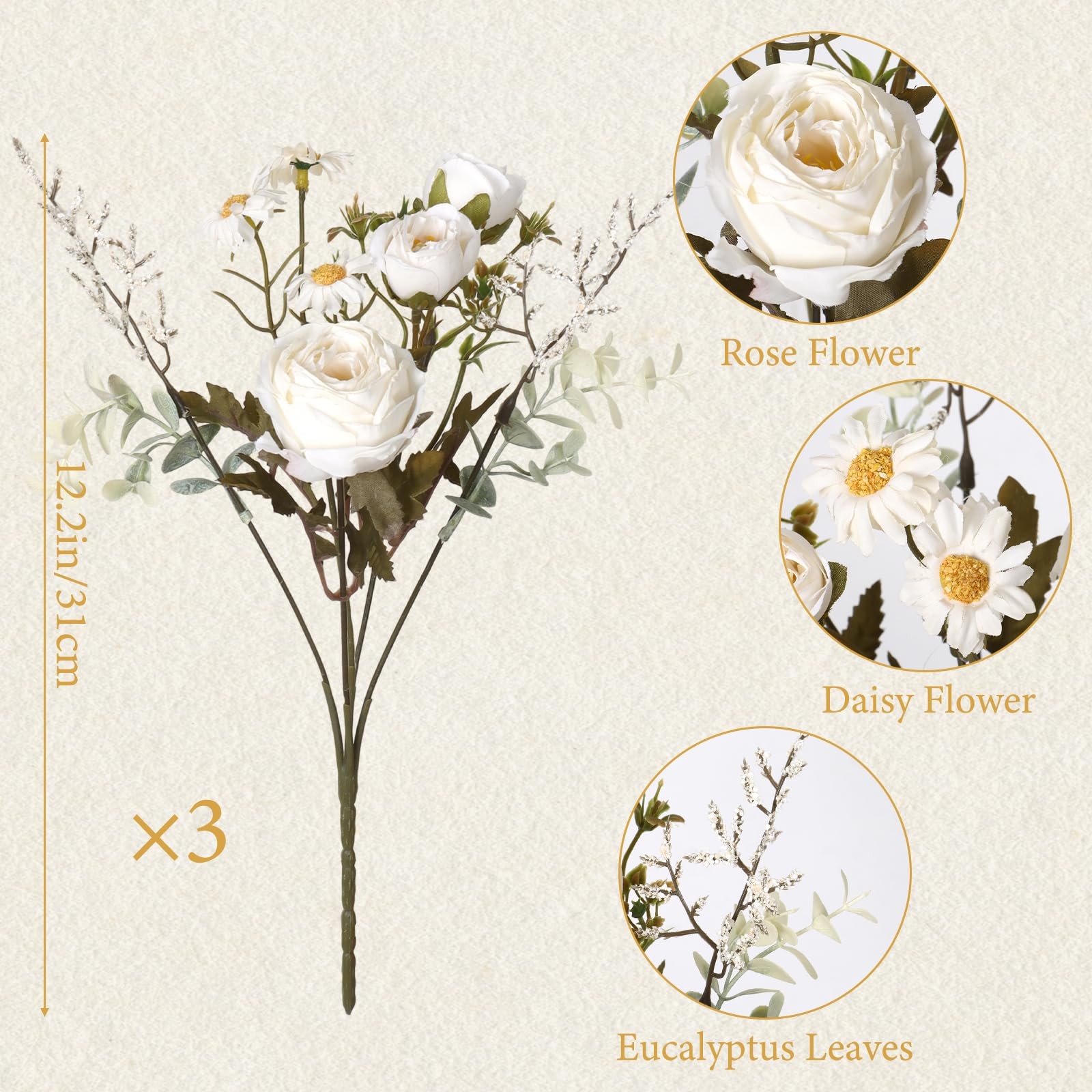 Artificial Roses Flowers 3 Pack Vintage Roses White Flowers Small Silk Rose B…