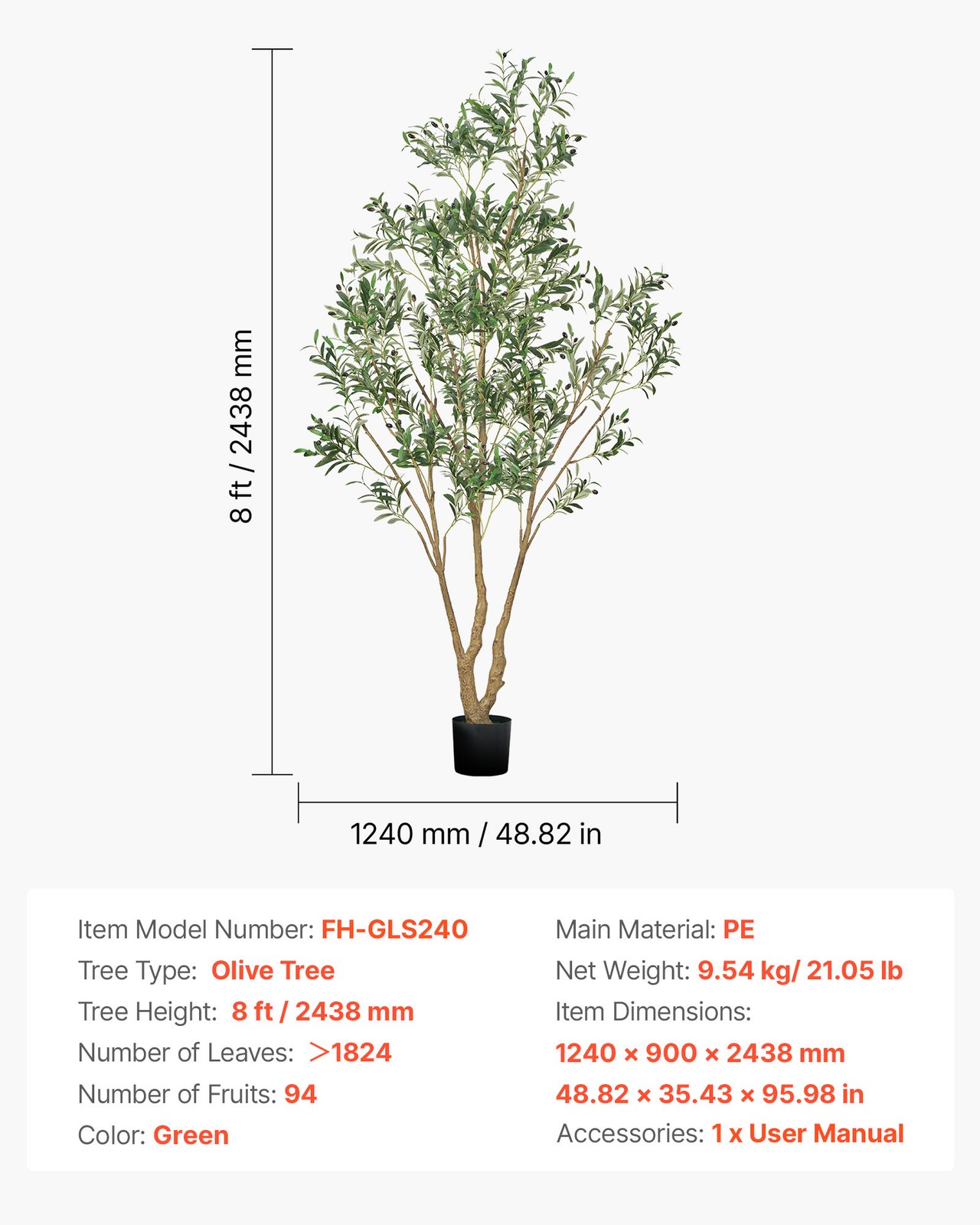 VEVOR 8FT Artificial Olive Tree Tall Fake Plant Black Pot for Home Office Use