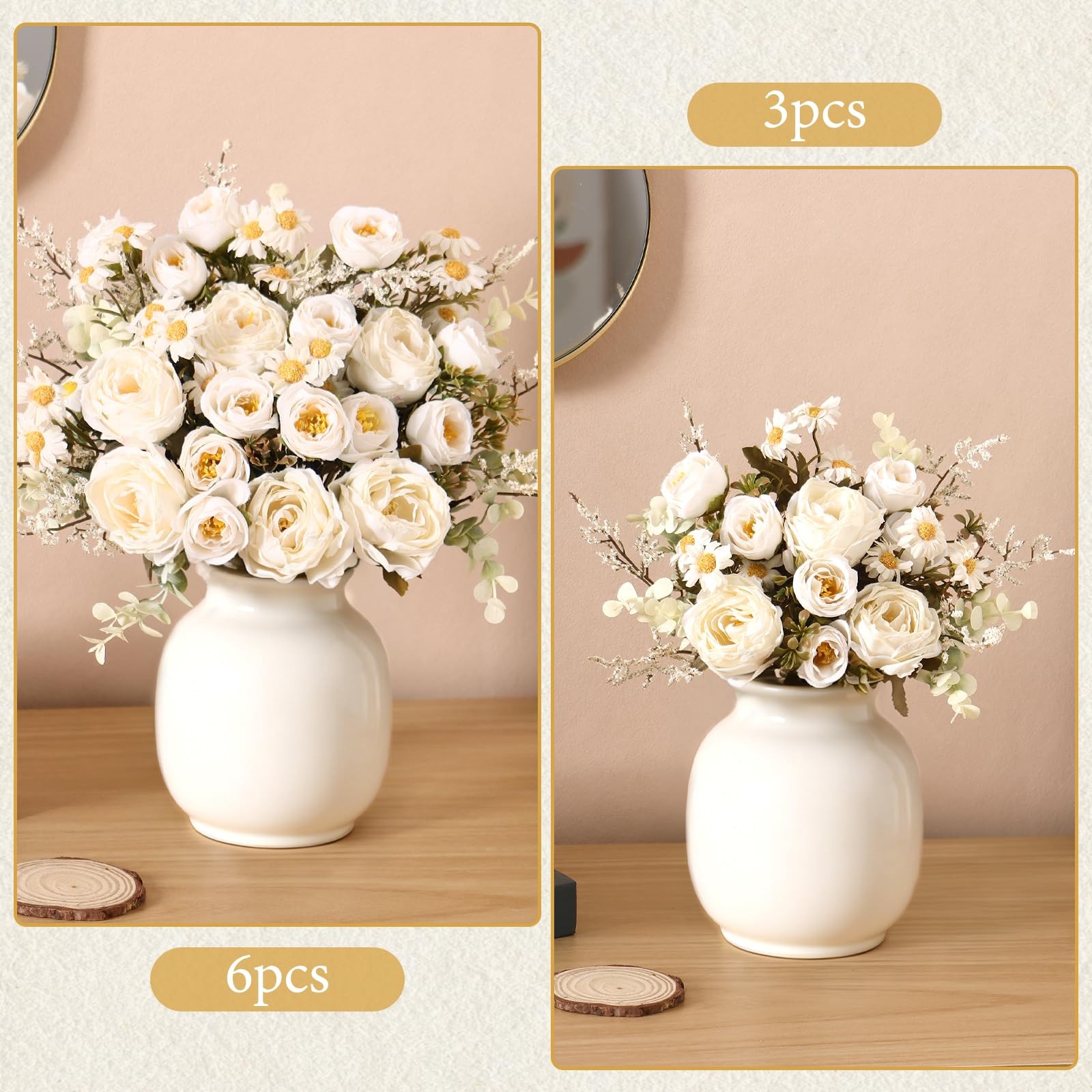 Artificial Roses Flowers 3 Pack Vintage Roses White Flowers Small Silk Rose B…