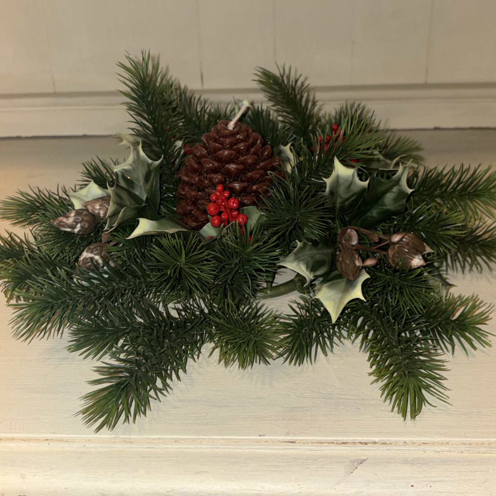 12 ” HOLLY &PINE CANDLE RING center 4.5 opening0 HOLIDAY DECOR