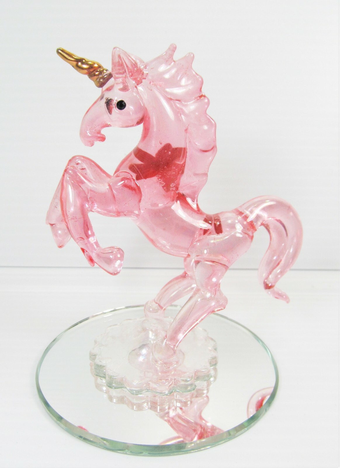 Unicorn Pink w/Red Flowers Hand Blown Glass Figurine Fantasy Home Decor