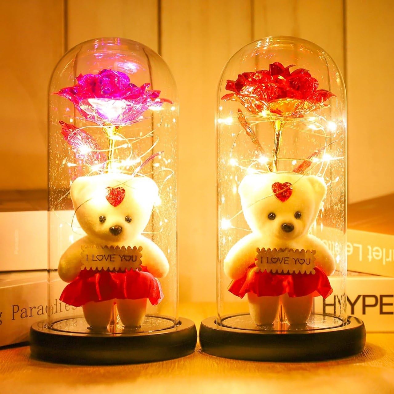 Artificial Flower Rose Light Gift in A Glass Dome with Teddy | Valentine GIfts
