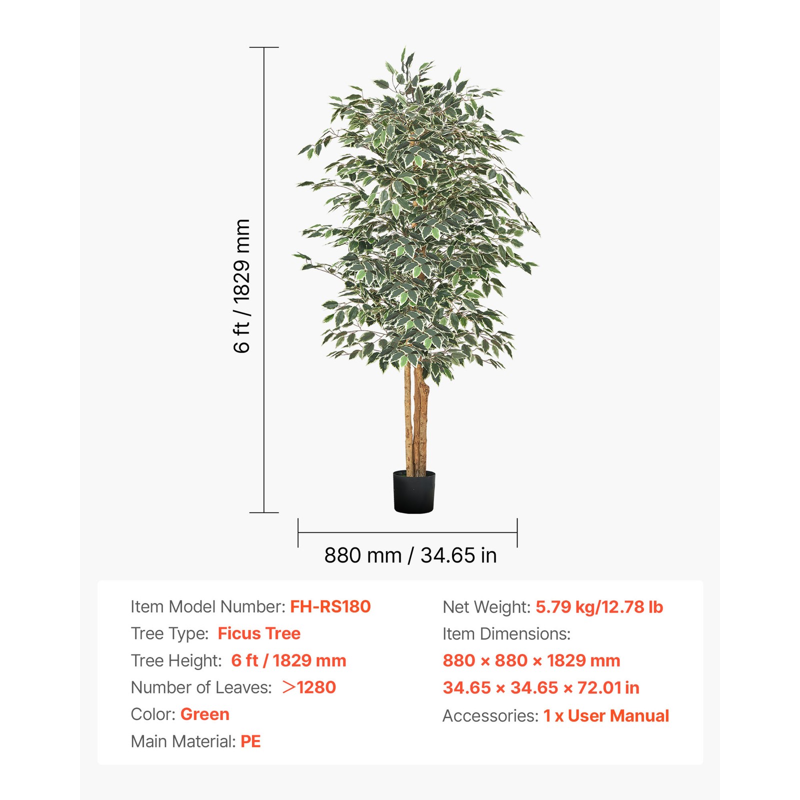 Uimoso 6FT Tall Artificial Ficus Tree with Black Pot for Indoor Decoration