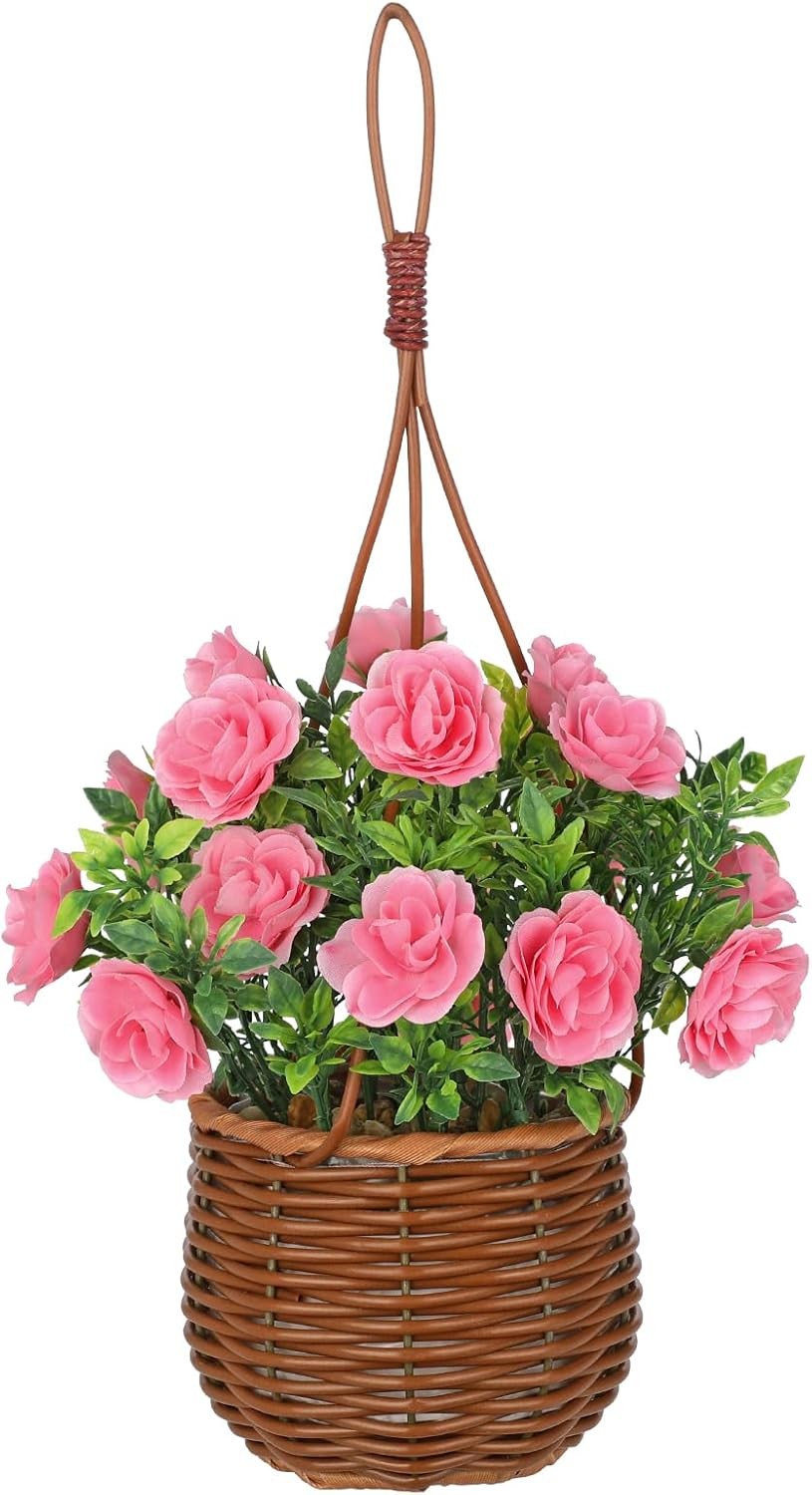 Artificial Rose Flowers with Hanging Woven Basket, Faux Blooming Roses in Fake R