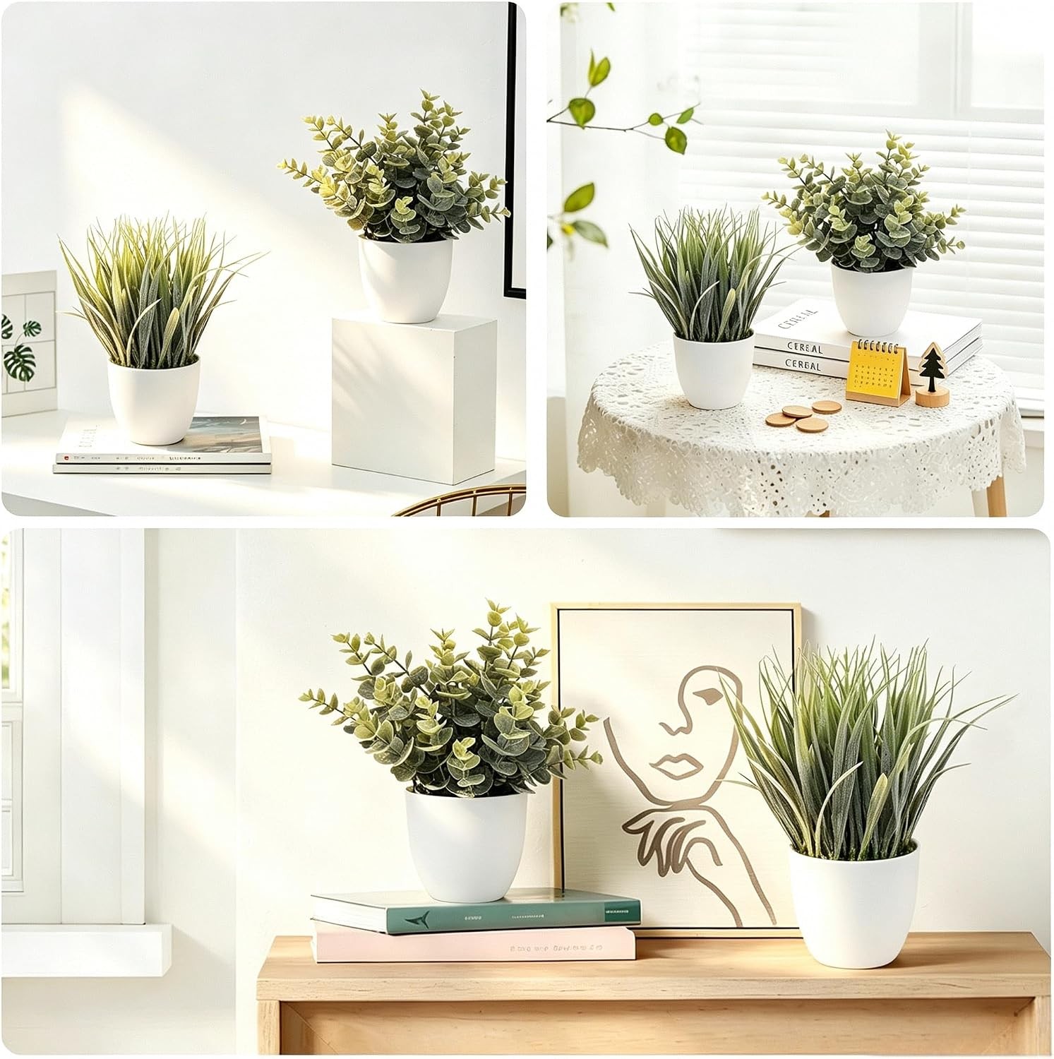 2 Pack Small Fake Plants, Artificial Eucalyptus Potted Plants for Spring and
