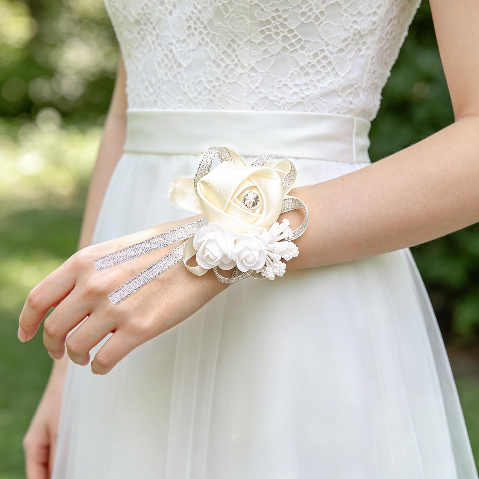 4 PCS Beige White Wrist Corsages Artificial Silk Rose Pearl Bridal Bridesmaid