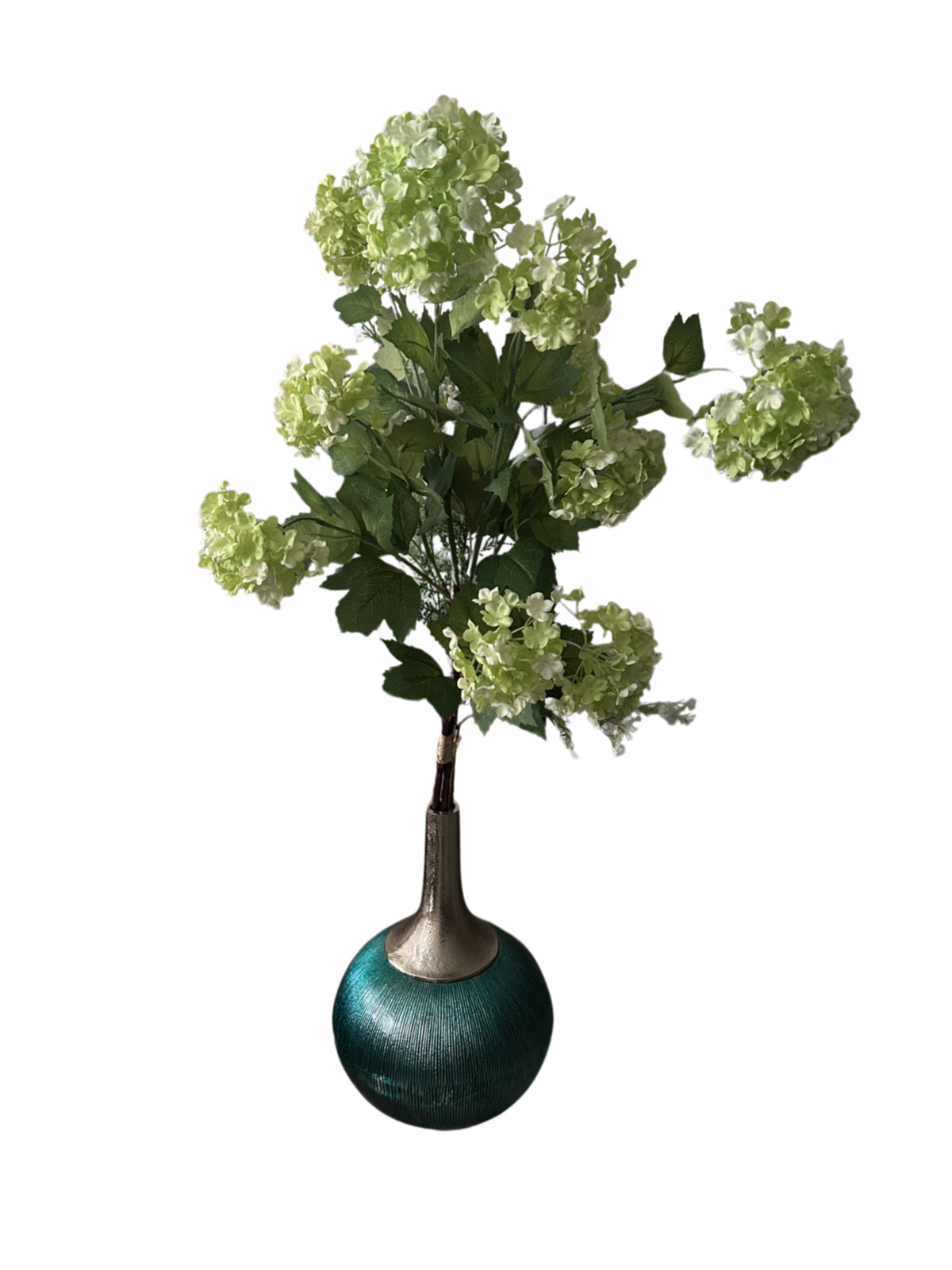 Faux Green Hydrangea stems with bulbous teal and sliver enamel vase