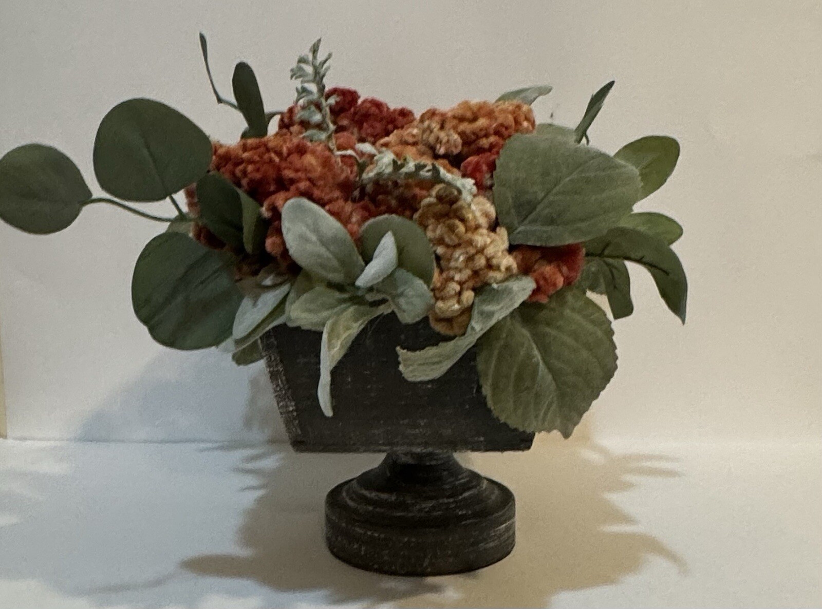 Orange Dried Floral Centerpiece Decor & Faux Green Leaves Metal Base Wooden Box