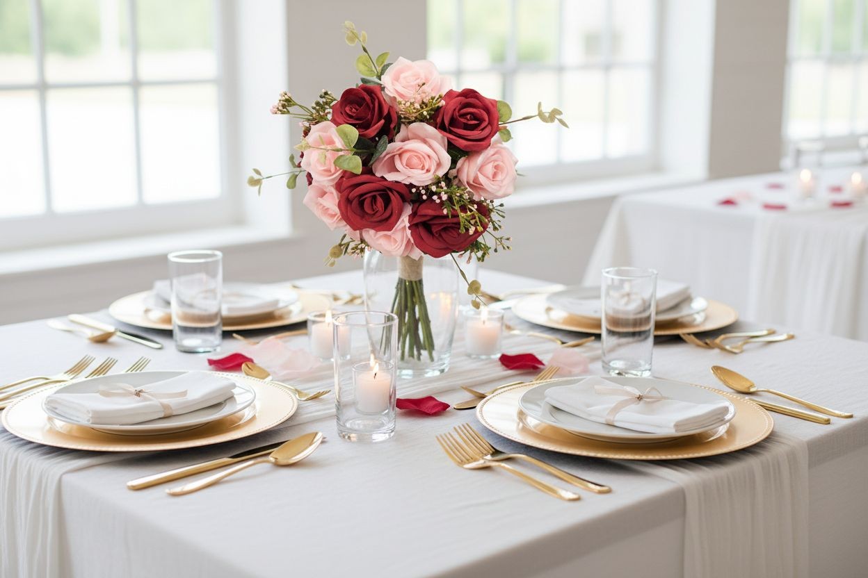 Red Pink Rose Faux Flower Bouquet Wedding Artificial Floral Decor