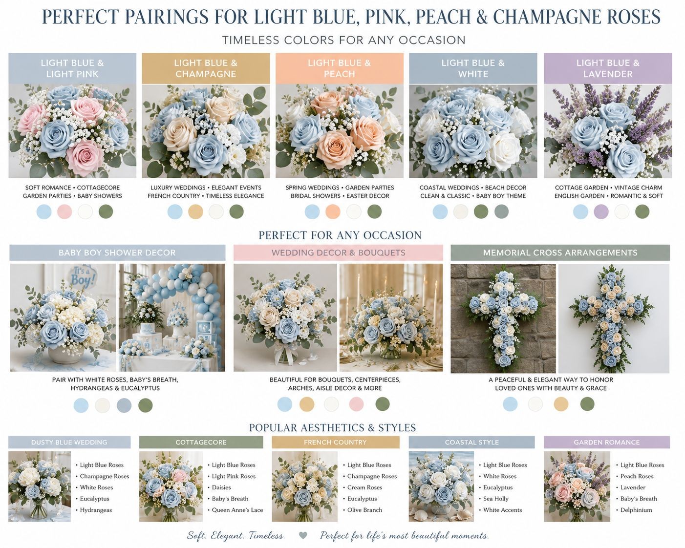 Set of 6 Artificial Light Blue Rose Stems 20 Inch Faux Roses Dusty Blue Wedding