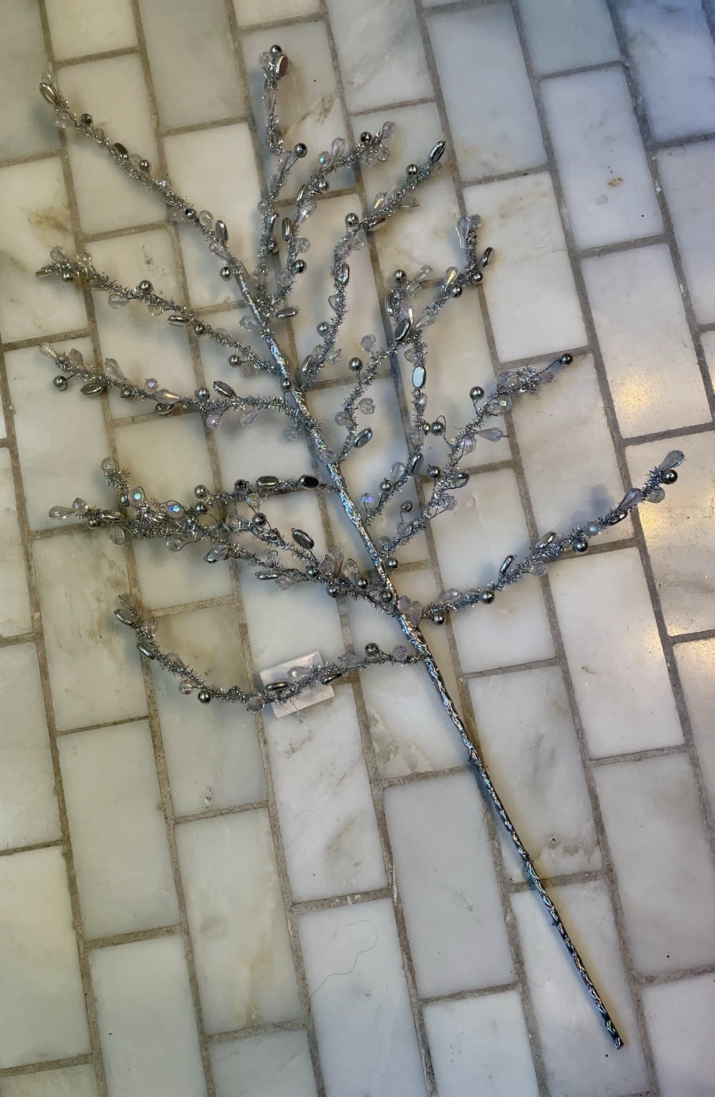 Silver & Clear Beaded Wired Tinsel Branch Stem Christmas Tree Pick 24” Long
