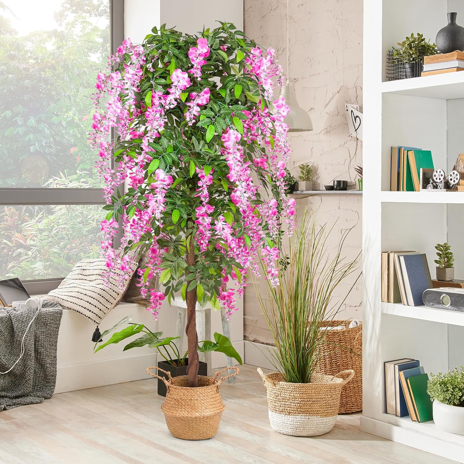 6Ft Wisteria Artificial Tree in Seagrass Basket for Home & Office Decor