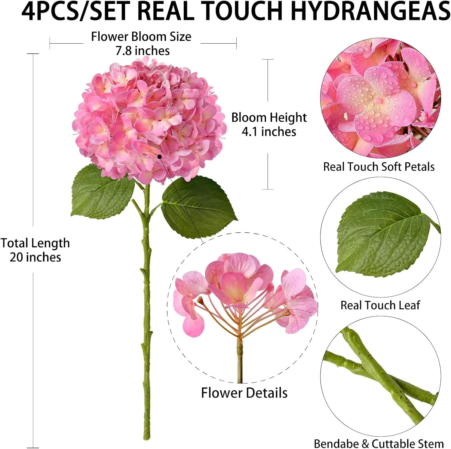 4 Pcs 20” Real Touch Hydrangeas Pink Artificial Hydrangeas Flowers Faux Late