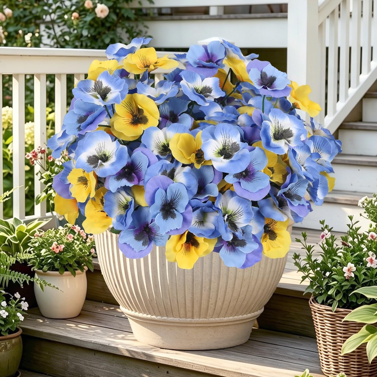 Famtores 6 Bundles Faux Pansies Outdoor UV Resistant, Blue and Yellow Artific…