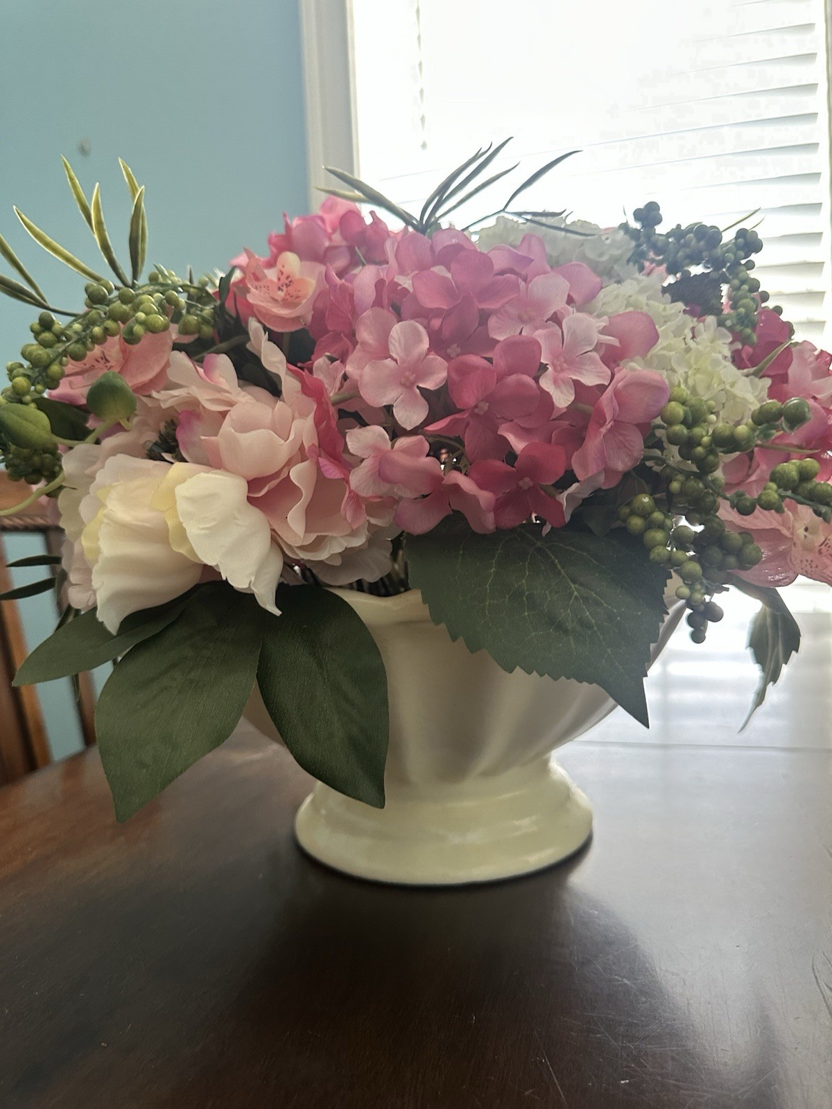Artificial Pink White & Green Hydrangea Rose Flower Arrangement Centerpiece