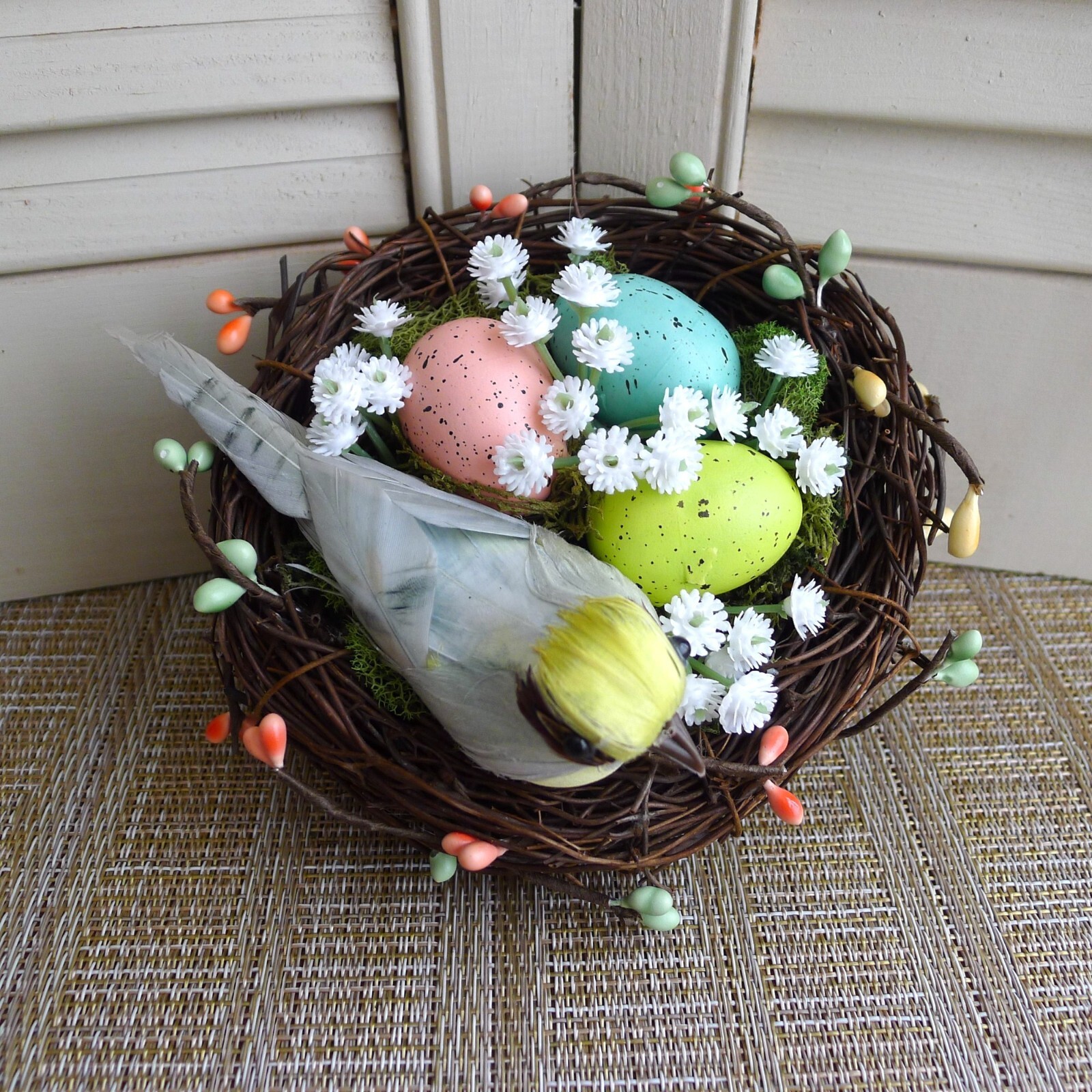 Bird’s Nest Spring Decor with Eggs, Berries, Baby’s Breath Handmade for Tabletop